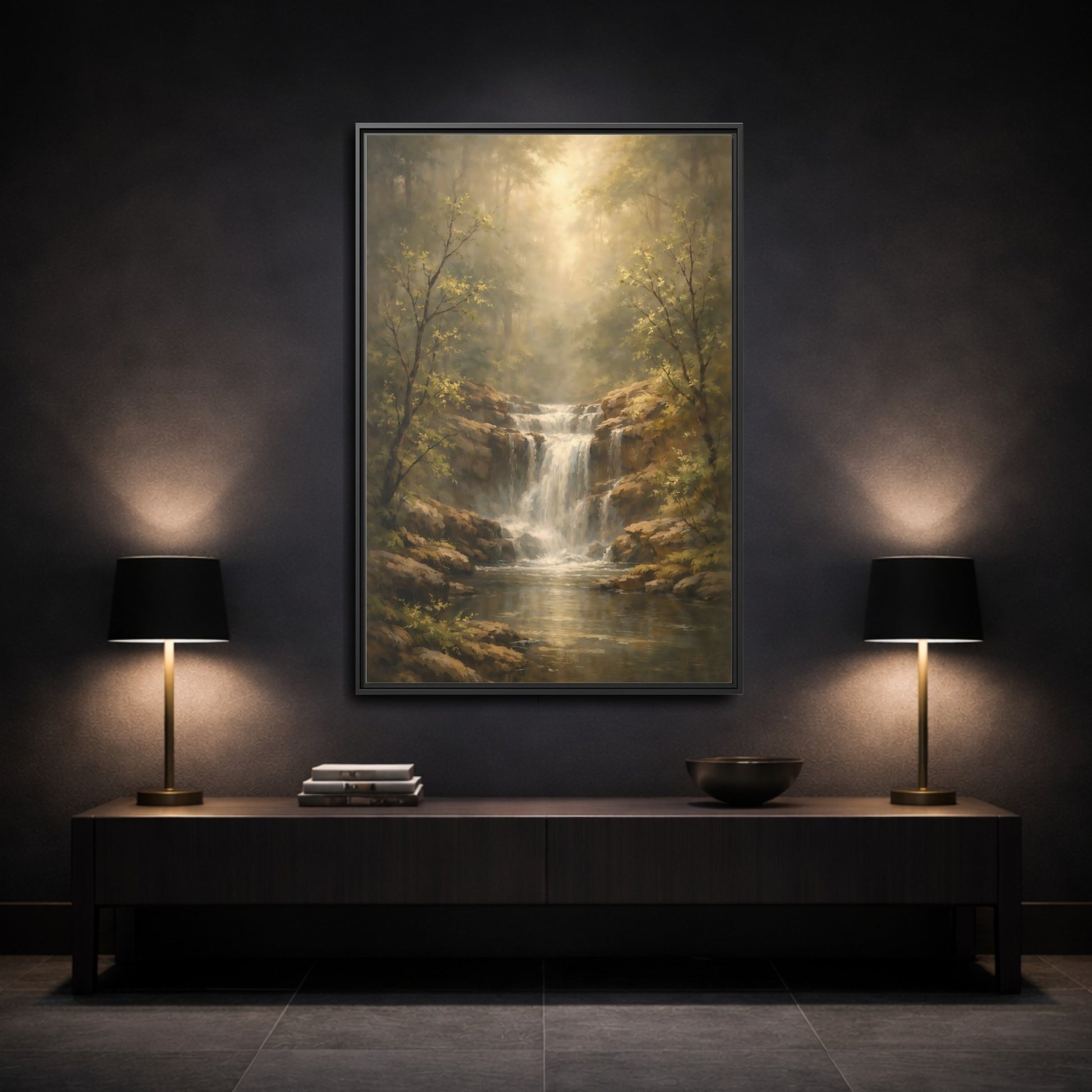 Mockup 2. Nature Waterfall Misty Forest shown as stretched canvas wall art