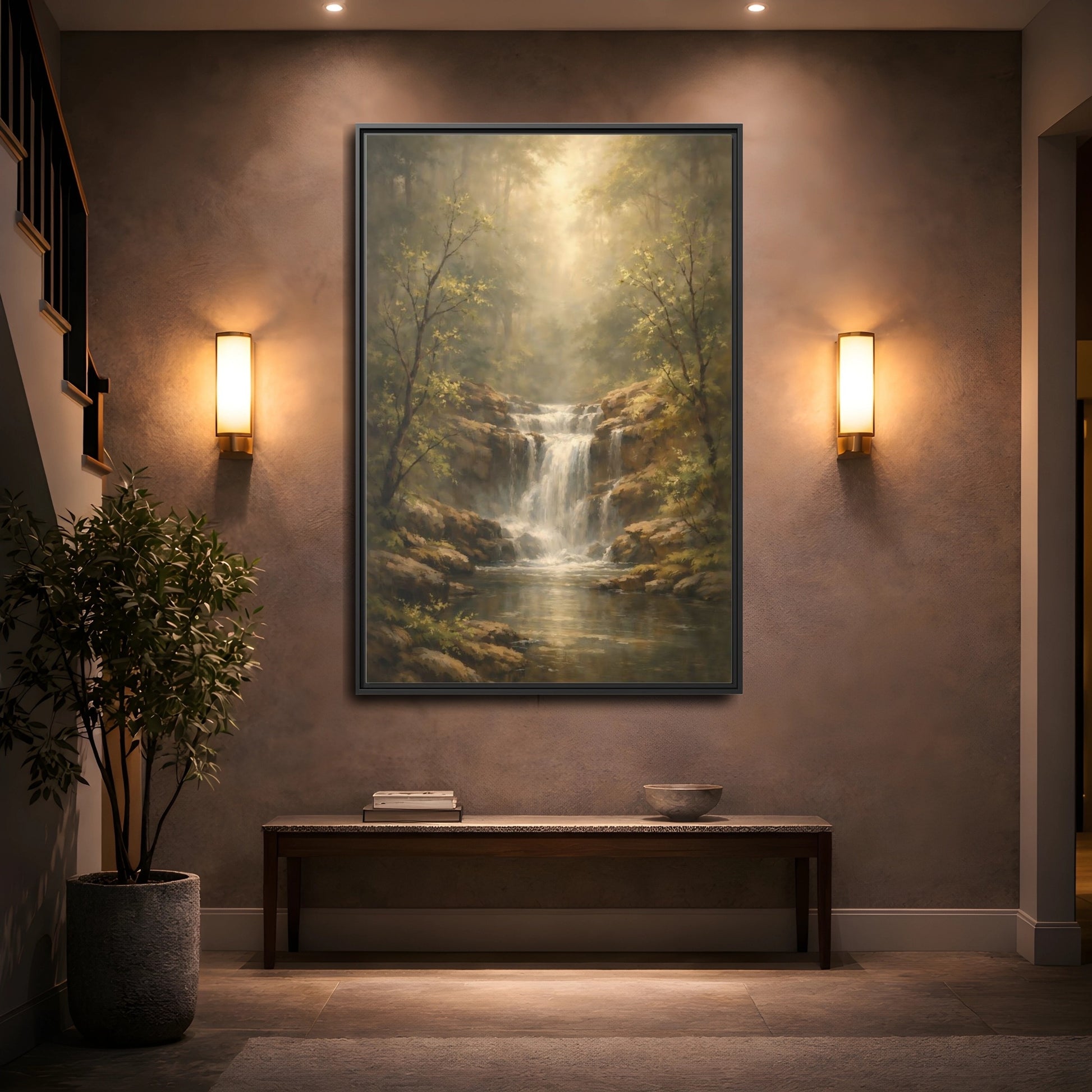 Mockup 3. Nature Waterfall Misty Forest shown as stretched canvas wall art