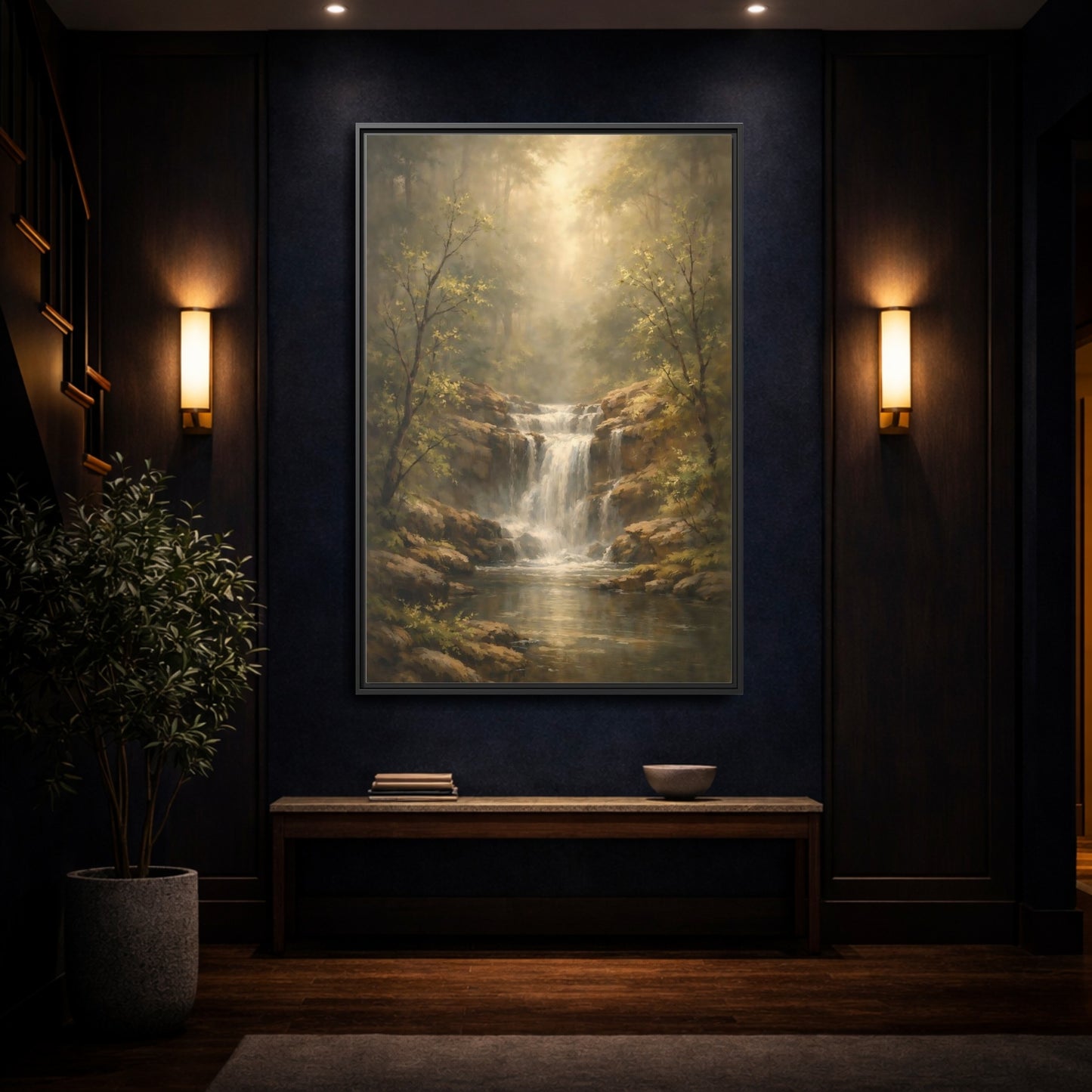 Mockup 4. Nature Waterfall Misty Forest shown as stretched canvas wall art