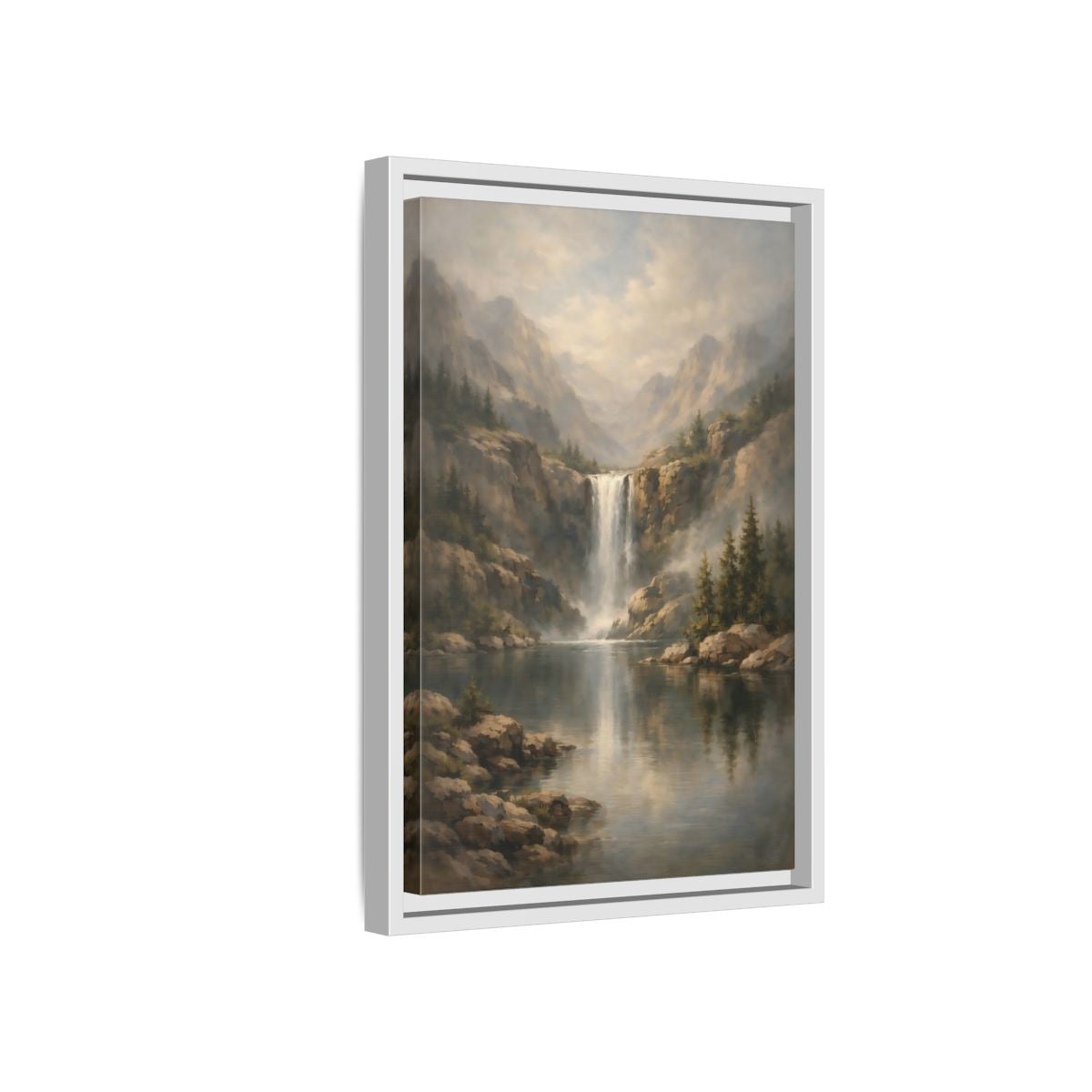 Side Mockup 4. Nature Waterfall Misty Waterfall shown as stretched canvas wall art