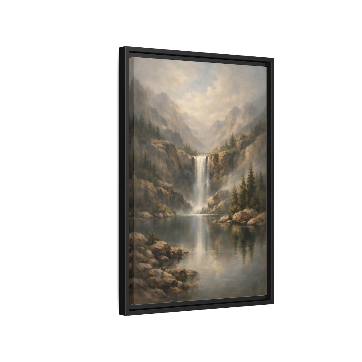 Side Mockup 3. Nature Waterfall Misty Waterfall shown as stretched canvas wall art
