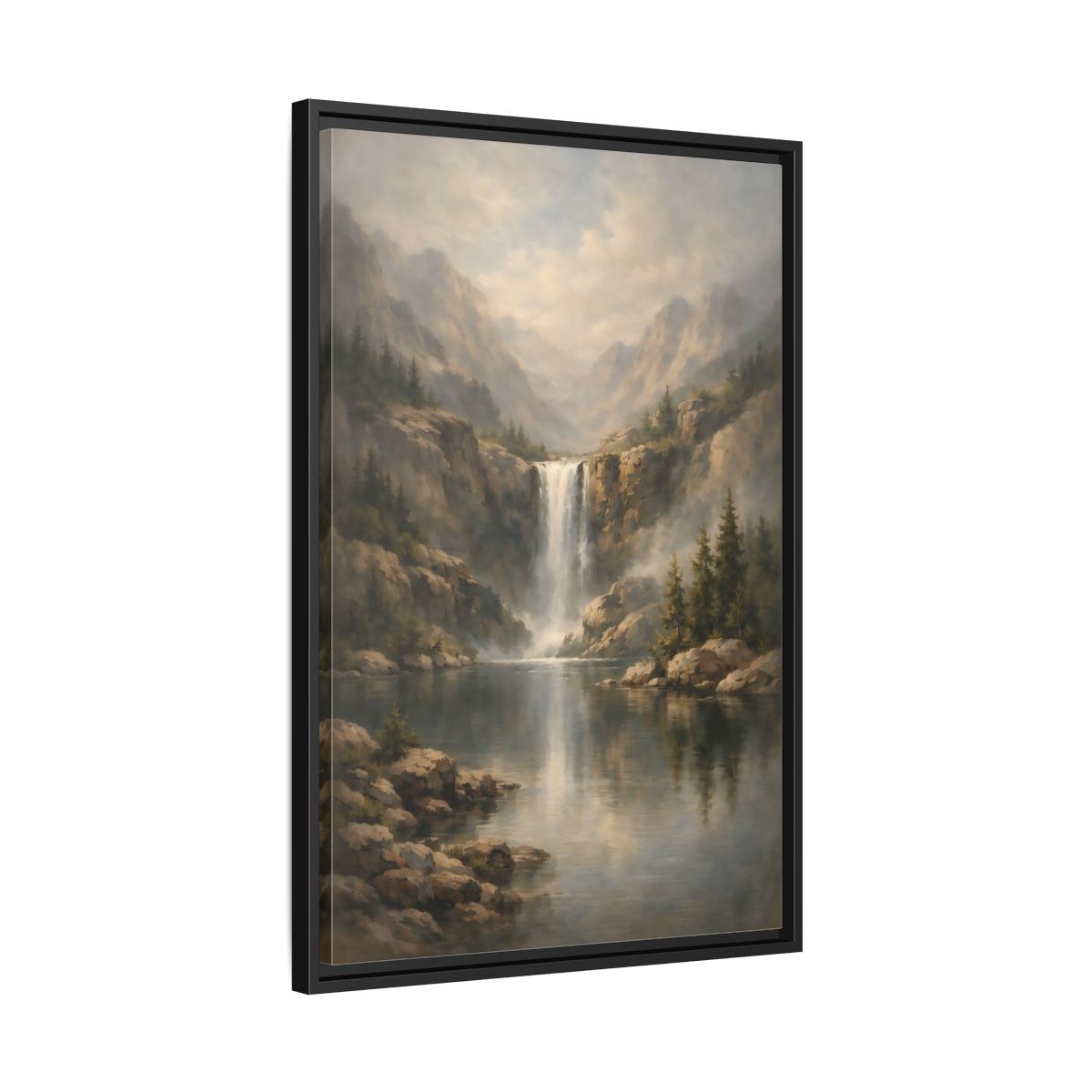 Side Mockup 14. Nature Waterfall Misty Waterfall shown as stretched canvas wall art
