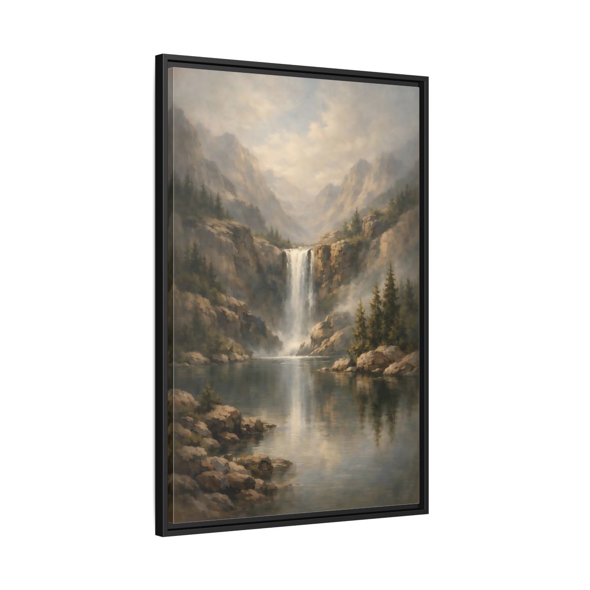 Side Mockup 13. Nature Waterfall Misty Waterfall shown as stretched canvas wall art