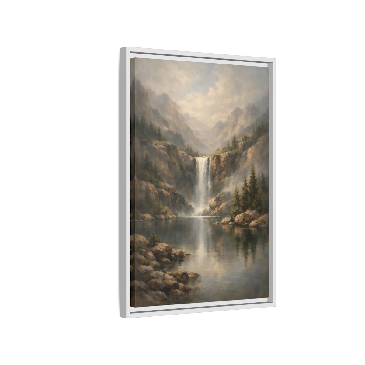 Side Mockup 1. Nature Waterfall Misty Waterfall shown as stretched canvas wall art