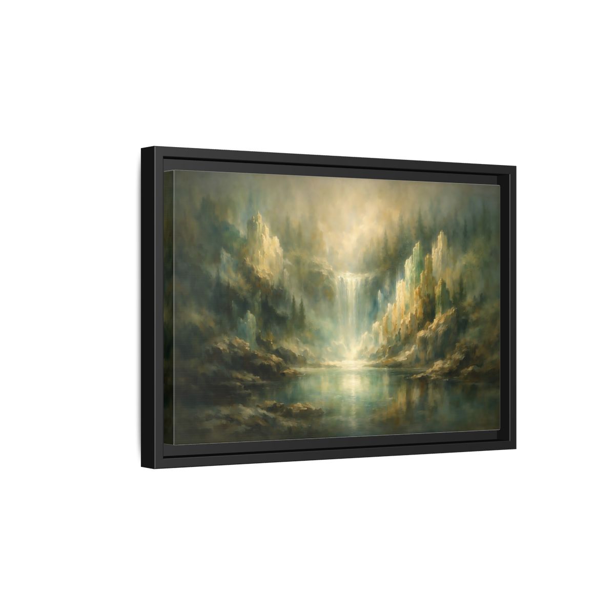 Side Mockup 6. Nature Waterfall Misty Green Waterfall shown as stretched canvas wall art
