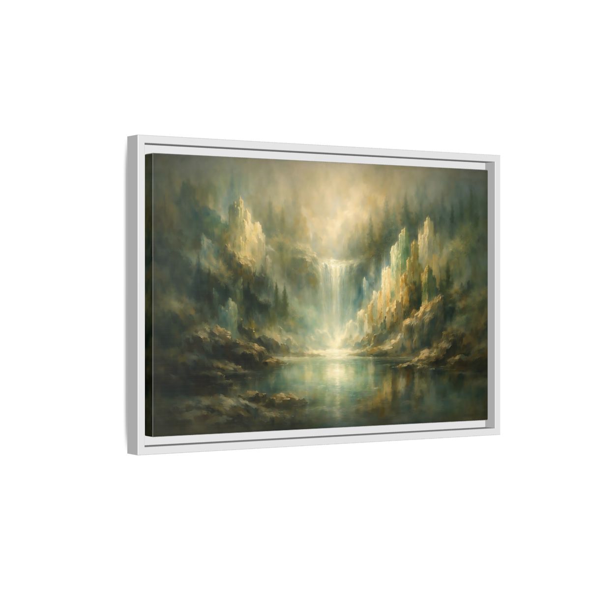 Side Mockup 1. Nature Waterfall Misty Green Waterfall shown as stretched canvas wall art