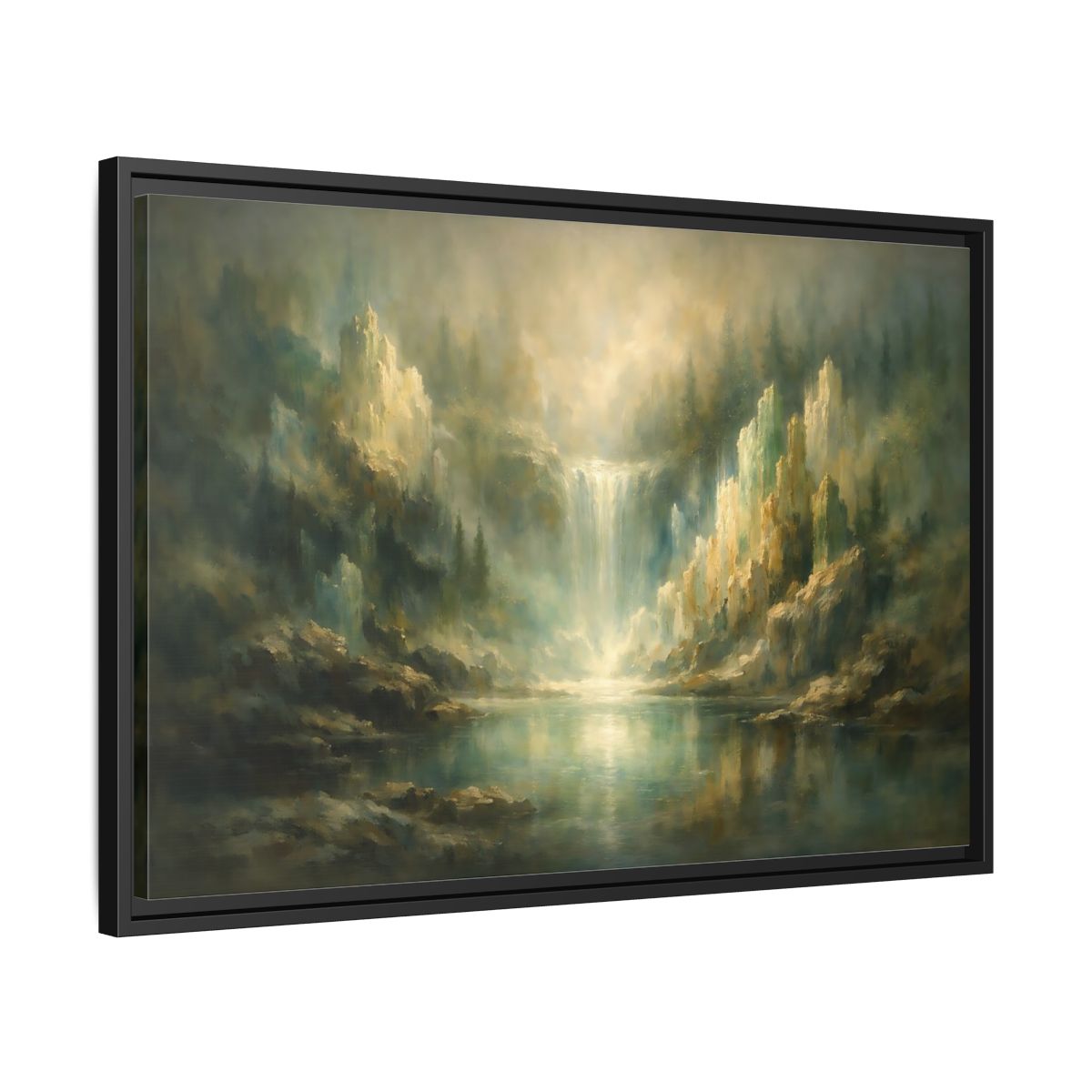Side Mockup 14. Nature Waterfall Misty Green Waterfall shown as stretched canvas wall art