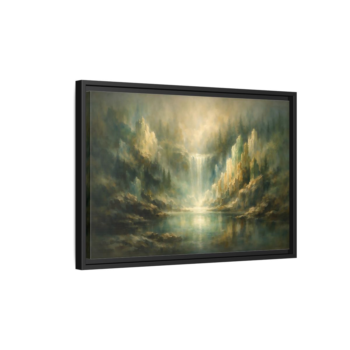 Side Mockup 3. Nature Waterfall Misty Green Waterfall shown as stretched canvas wall art