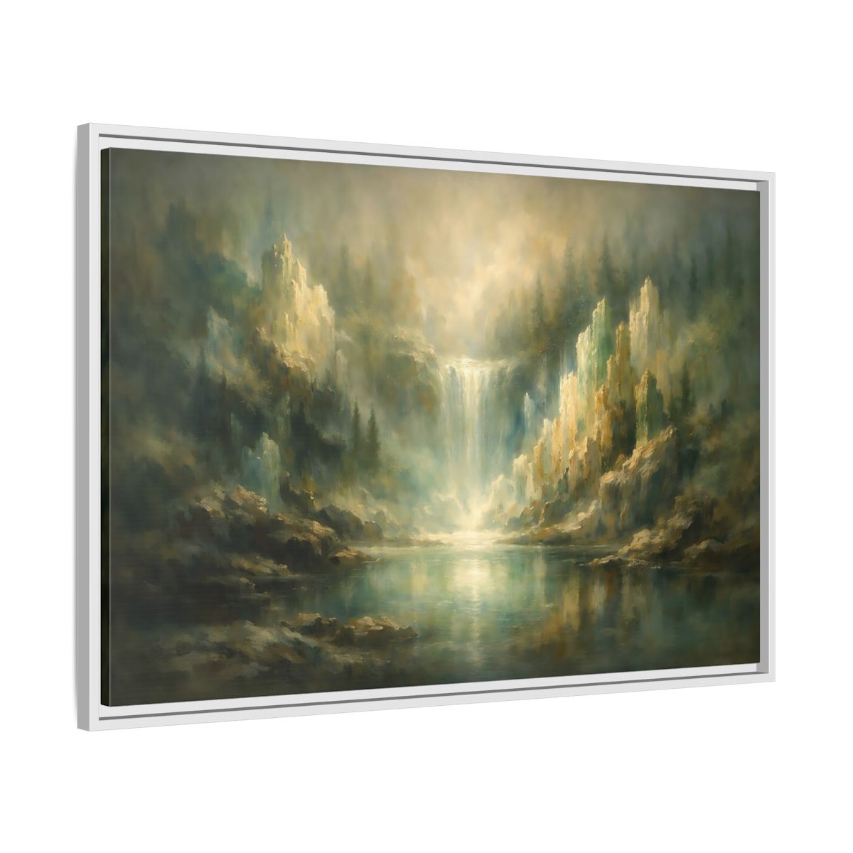 Side Mockup 8. Nature Waterfall Misty Green Waterfall shown as stretched canvas wall art
