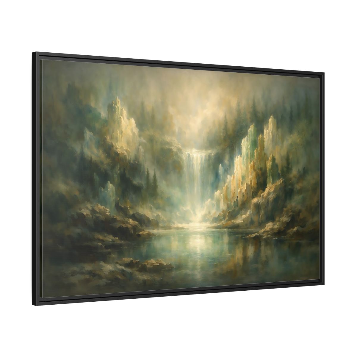 Side Mockup 12. Nature Waterfall Misty Green Waterfall shown as stretched canvas wall art