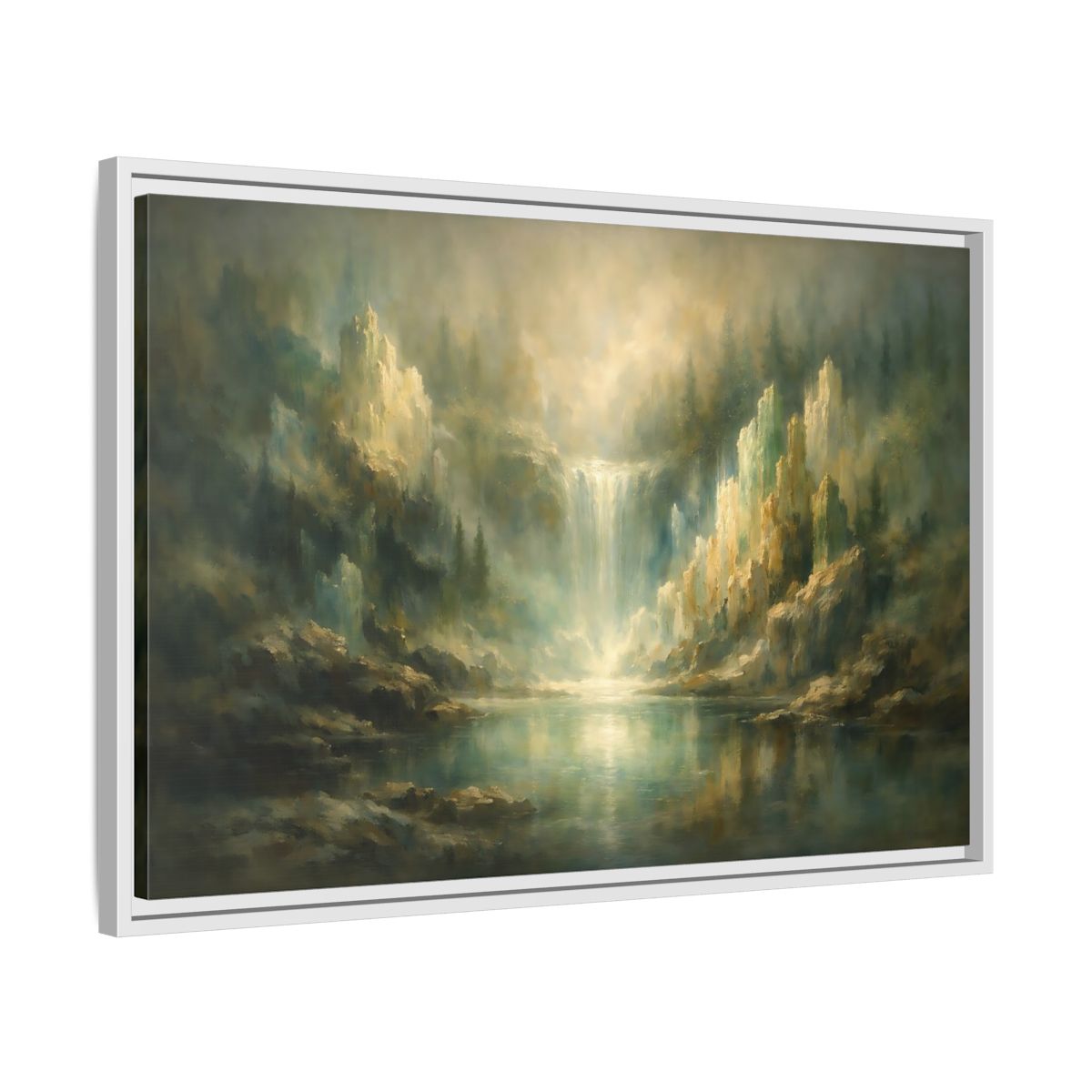 Side Mockup 10. Nature Waterfall Misty Green Waterfall shown as stretched canvas wall art