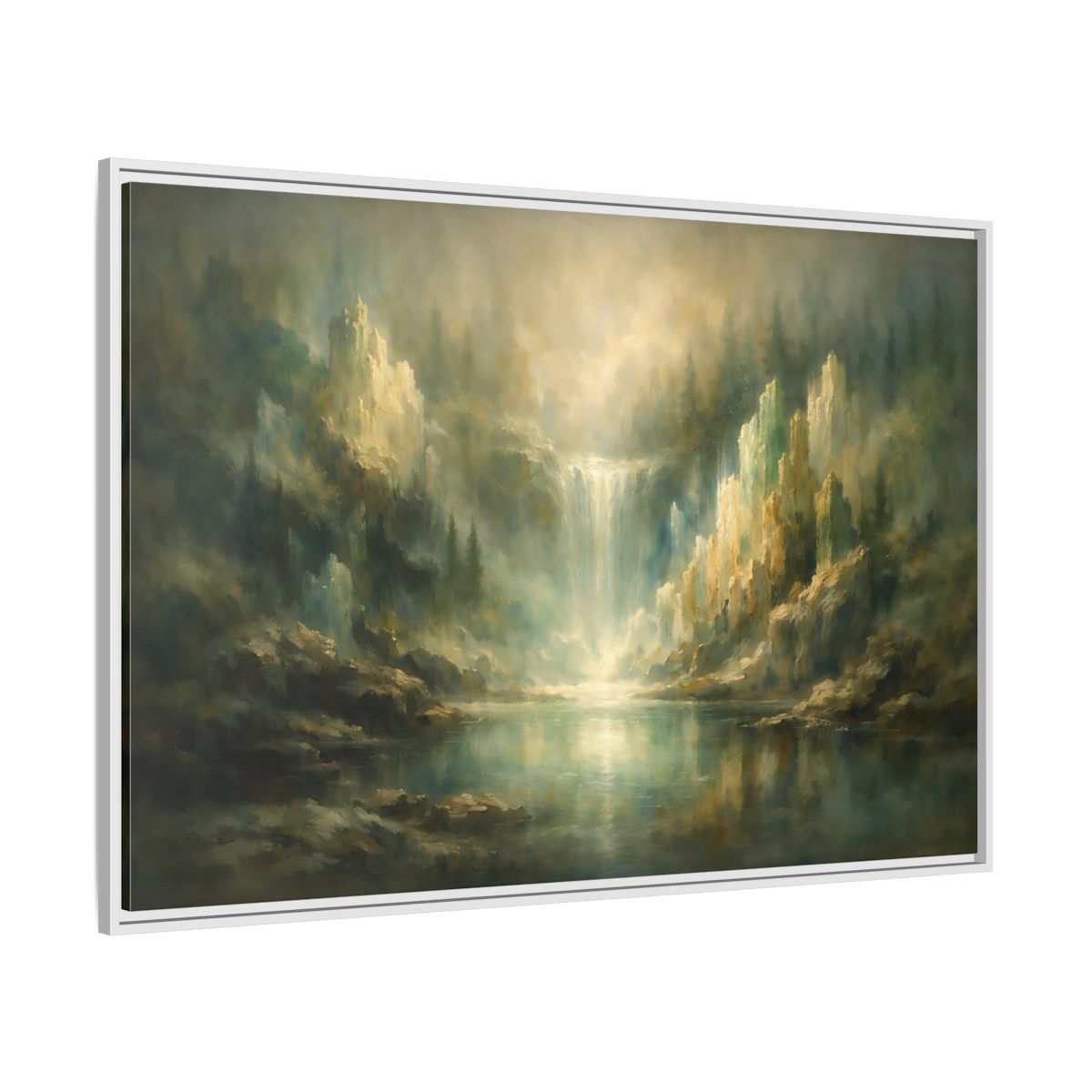 Side Mockup 7. Nature Waterfall Misty Green Waterfall shown as stretched canvas wall art