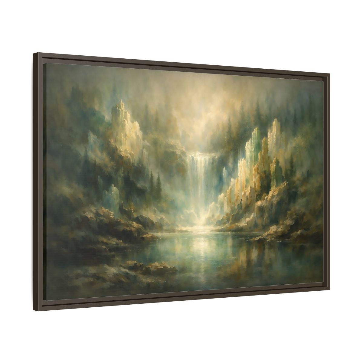 Side Mockup 9. Nature Waterfall Misty Green Waterfall shown as stretched canvas wall art