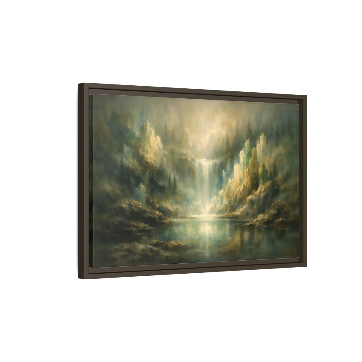 Side Mockup 2. Nature Waterfall Misty Green Waterfall shown as stretched canvas wall art