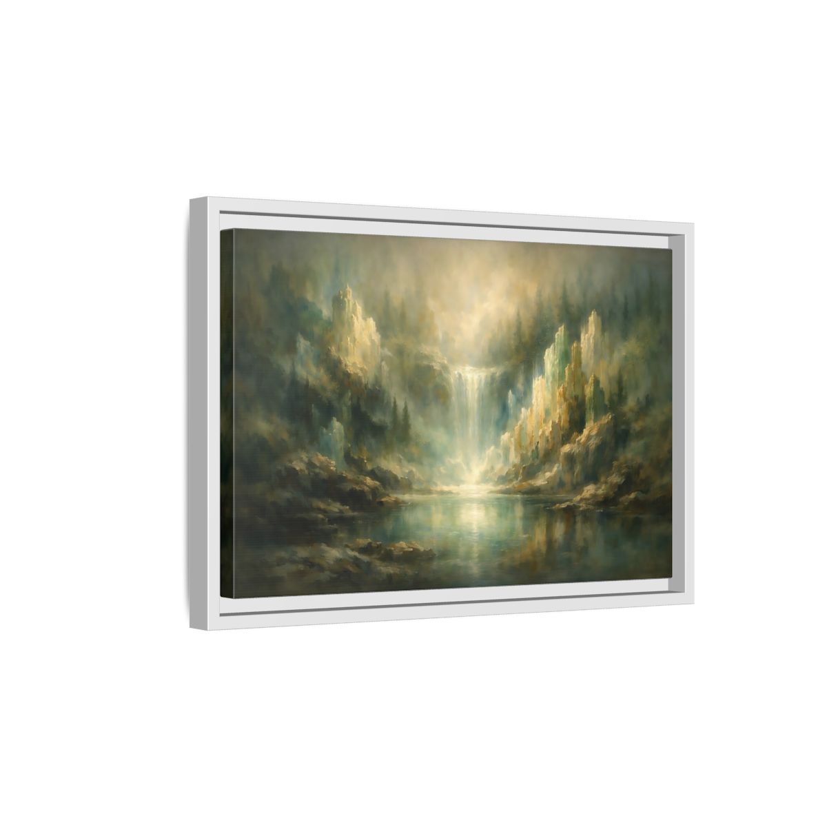 Side Mockup 4. Nature Waterfall Misty Green Waterfall shown as stretched canvas wall art