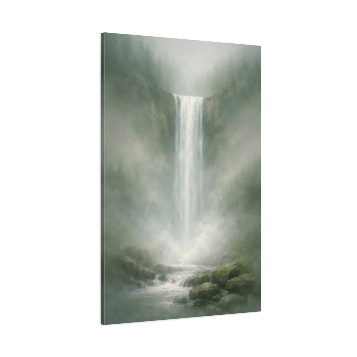 Nature Waterfall Misty Green Waterfall shown as stretched canvas wall art