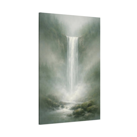 Nature Waterfall Misty Green Waterfall shown as stretched canvas wall art