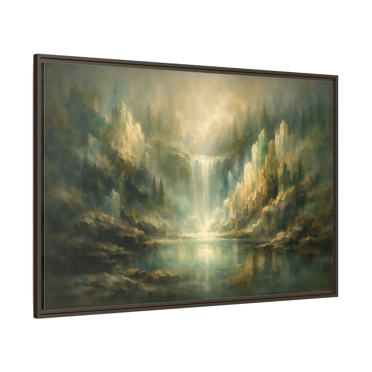 Main Mockup. Nature Waterfall Misty Green Waterfall shown as stretched canvas wall art