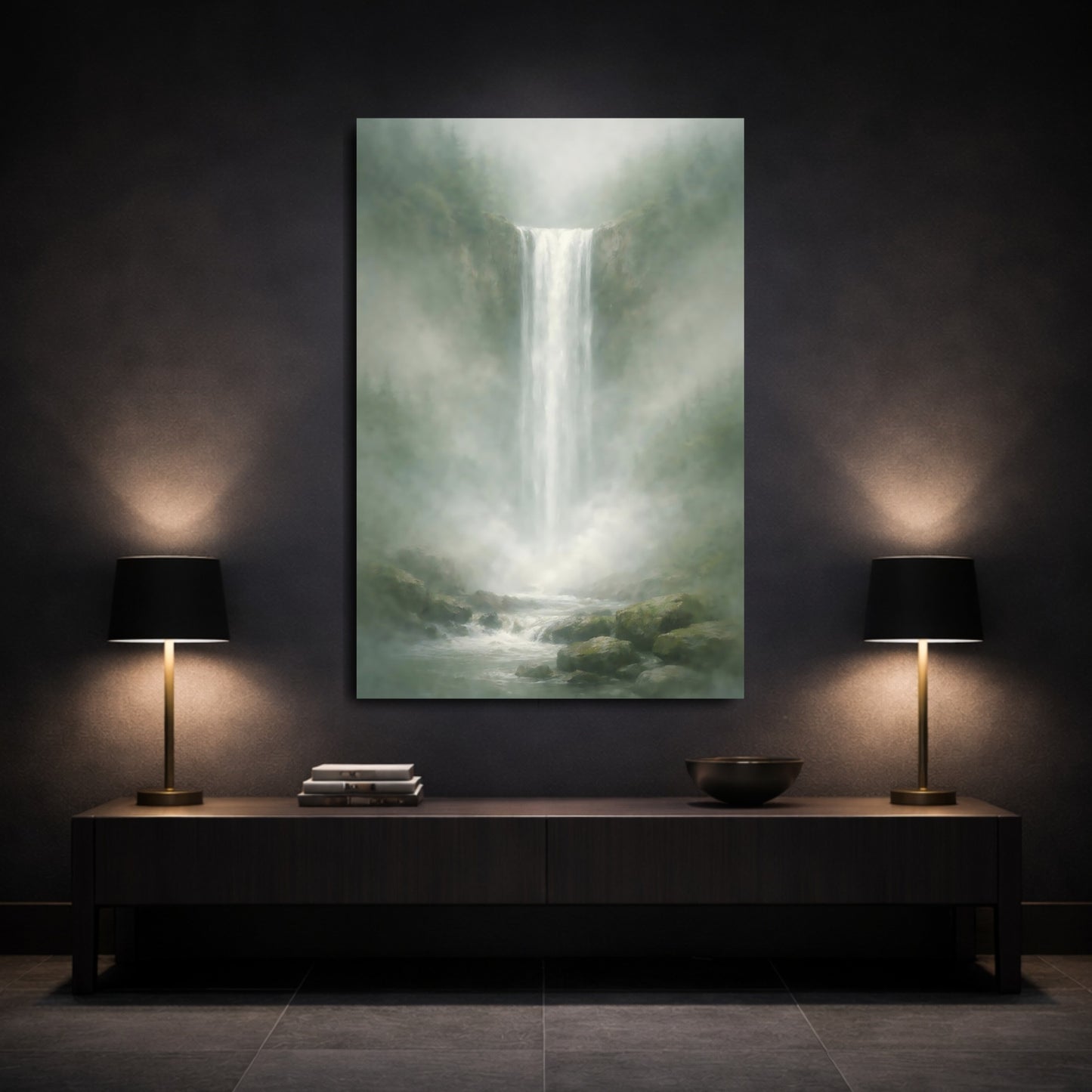 Nature Waterfall Misty Green Waterfall shown as front canvas room wall art
