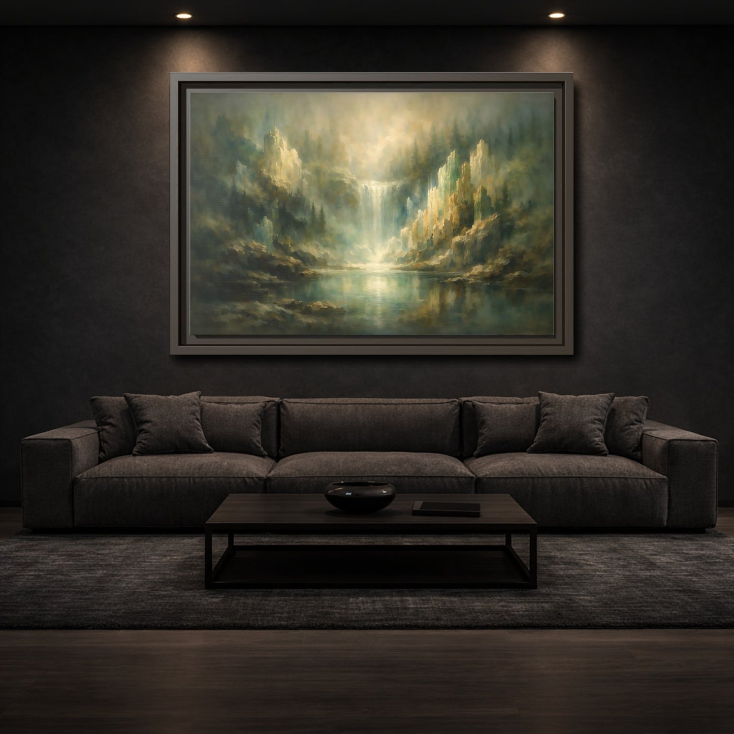 Mockup 2. Nature Waterfall Misty Green Waterfall shown as stretched canvas wall art