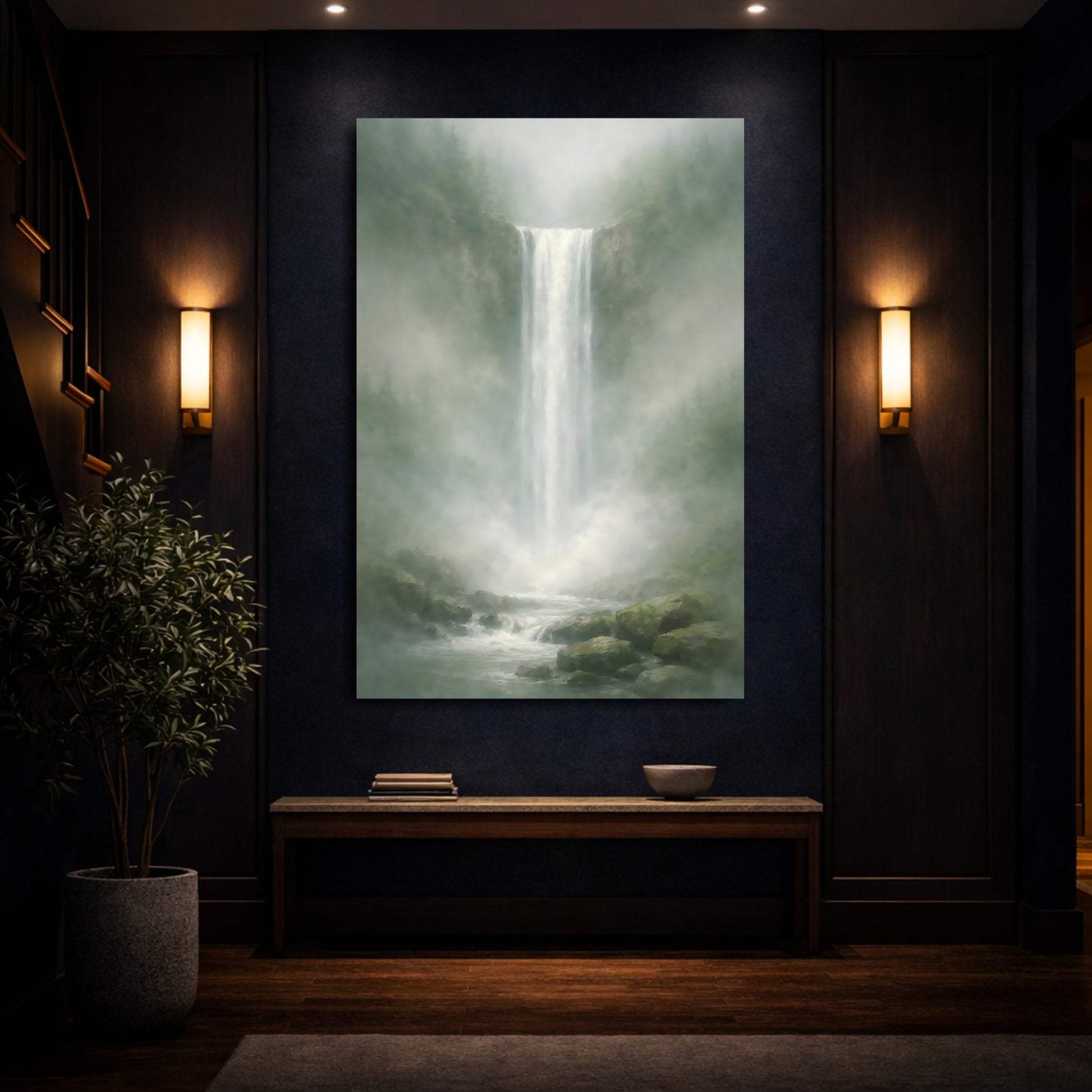 Nature Waterfall Misty Green Waterfall shown as front canvas room wall art
