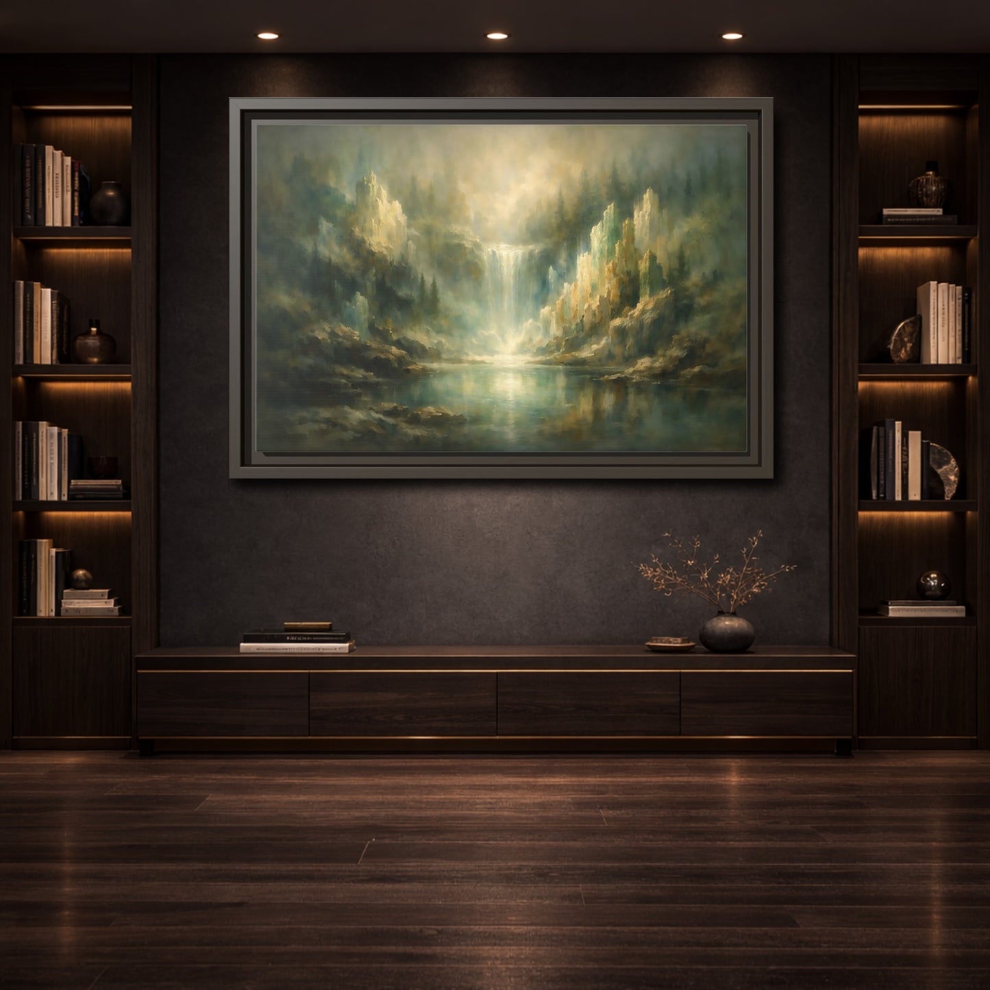 Mockup 3. Nature Waterfall Misty Green Waterfall shown as stretched canvas wall art