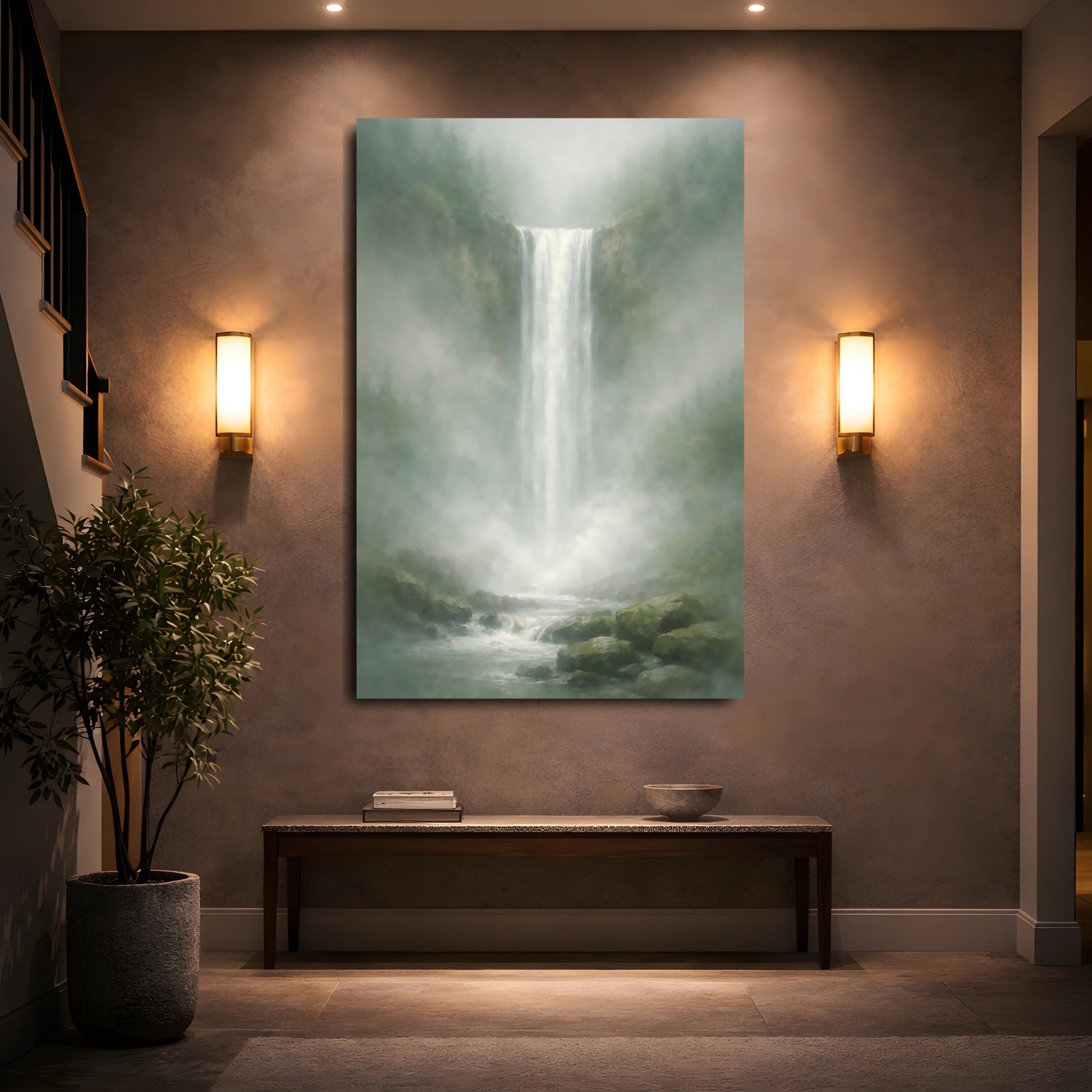 Nature Waterfall Misty Green Waterfall shown as front canvas room wall art