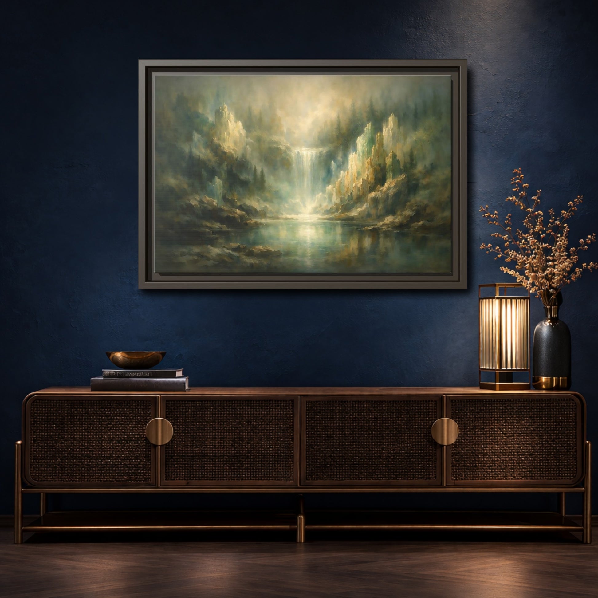 Mockup 4. Nature Waterfall Misty Green Waterfall shown as stretched canvas wall art