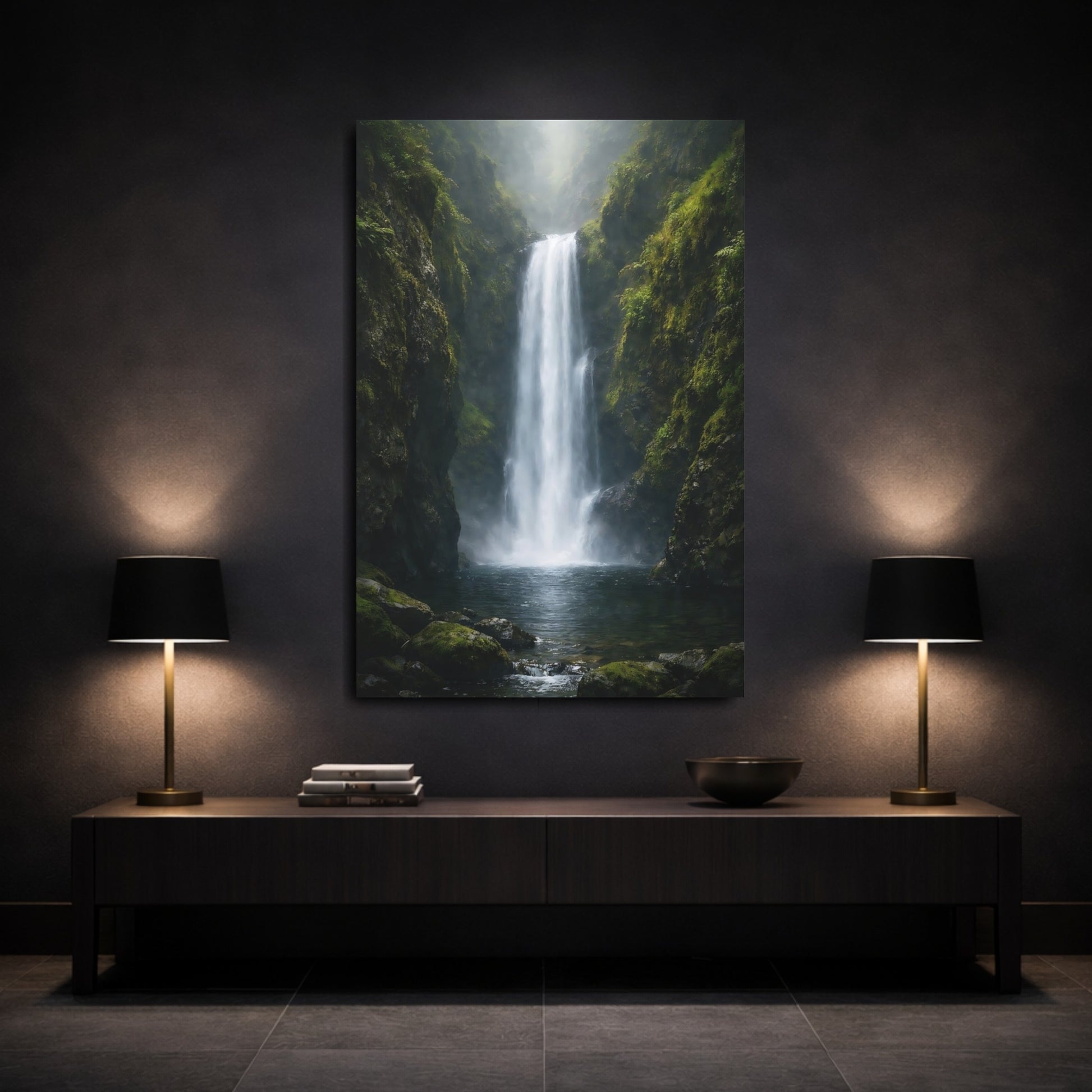 Mockup 2. Nature Waterfall Misty Waterfall shown as stretched canvas wall art