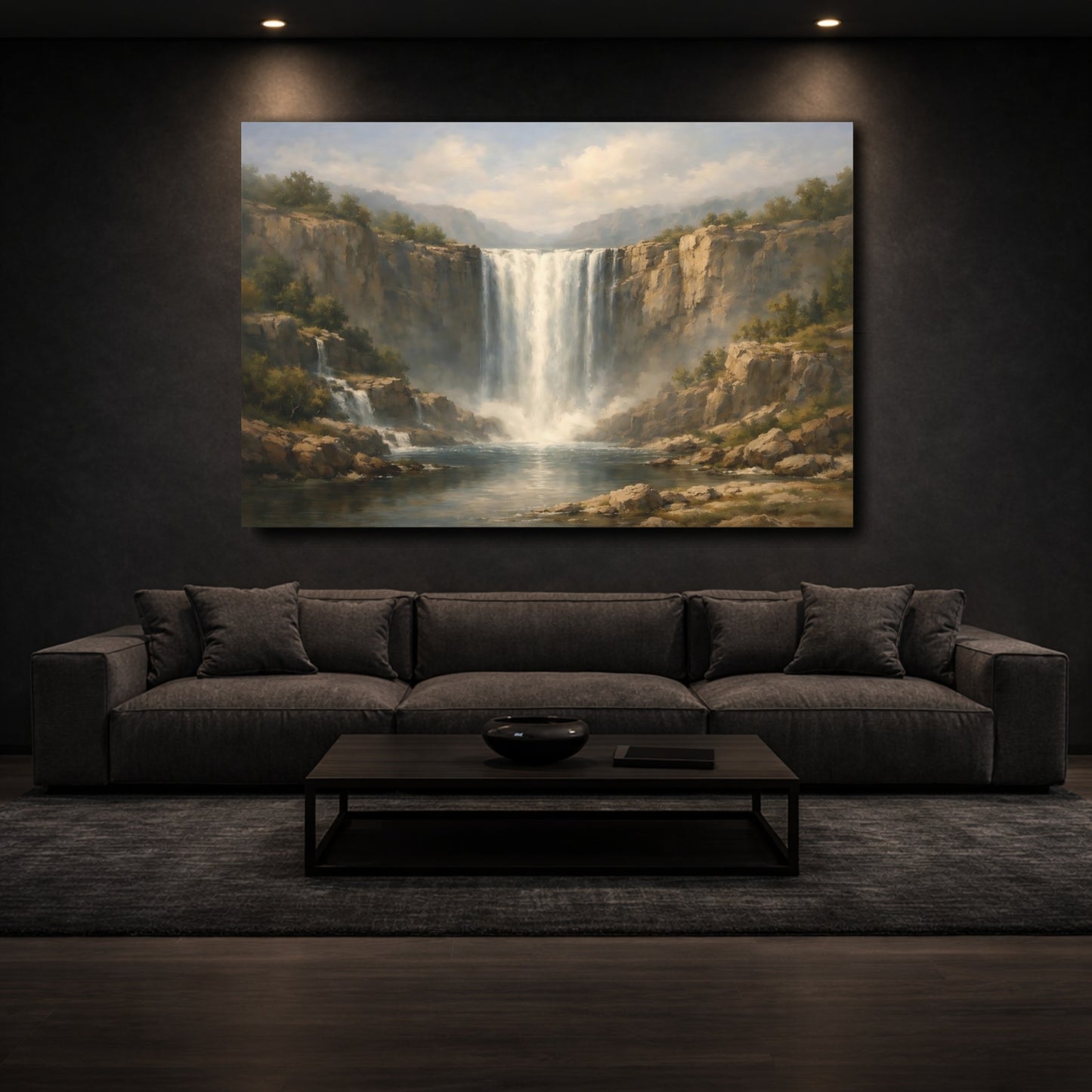 Mockup 2. Nature Waterfall Misty Waterfall shown as stretched canvas wall art