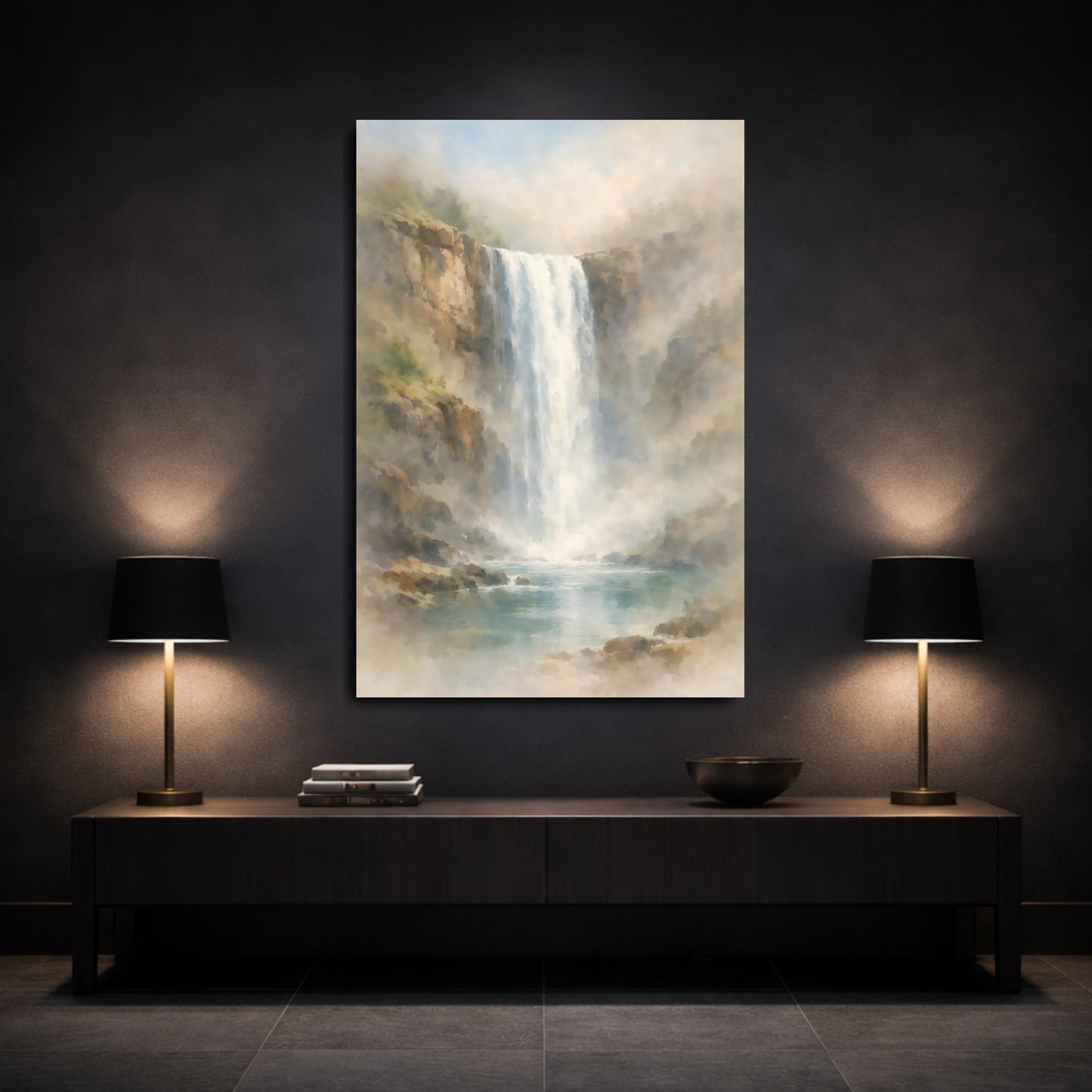 Mockup 2. Nature Waterfall Misty Waterfall shown as stretched canvas wall art