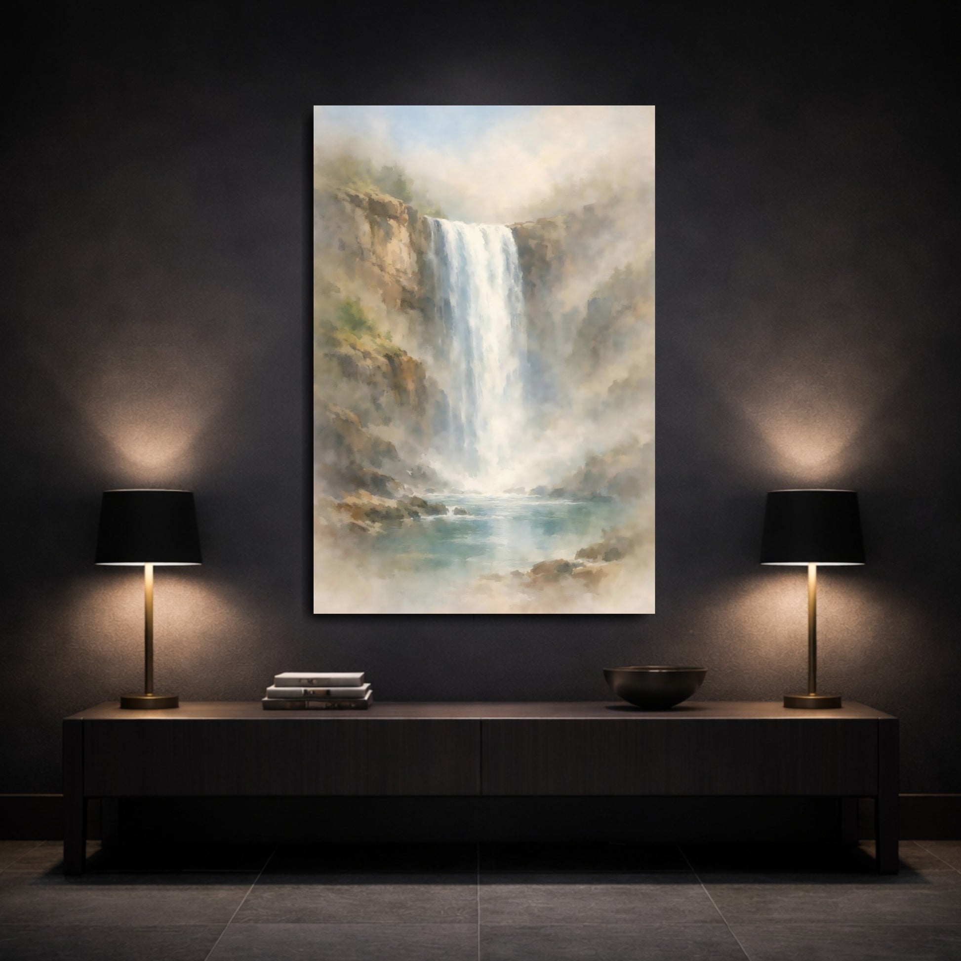 Mockup 2. Nature Waterfall Misty Waterfall shown as stretched canvas wall art
