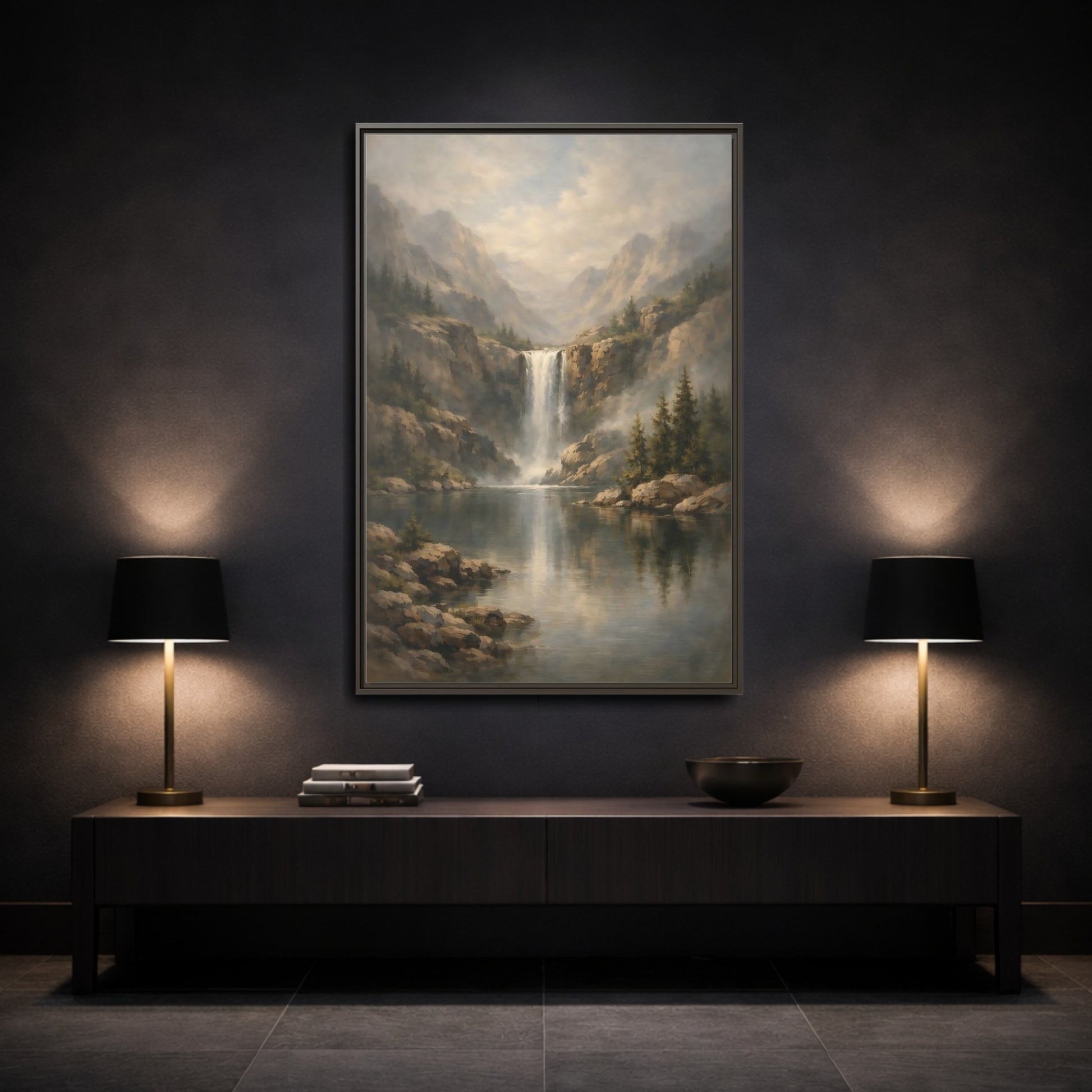 Mockup 2. Nature Waterfall Misty Waterfall shown as stretched canvas wall art