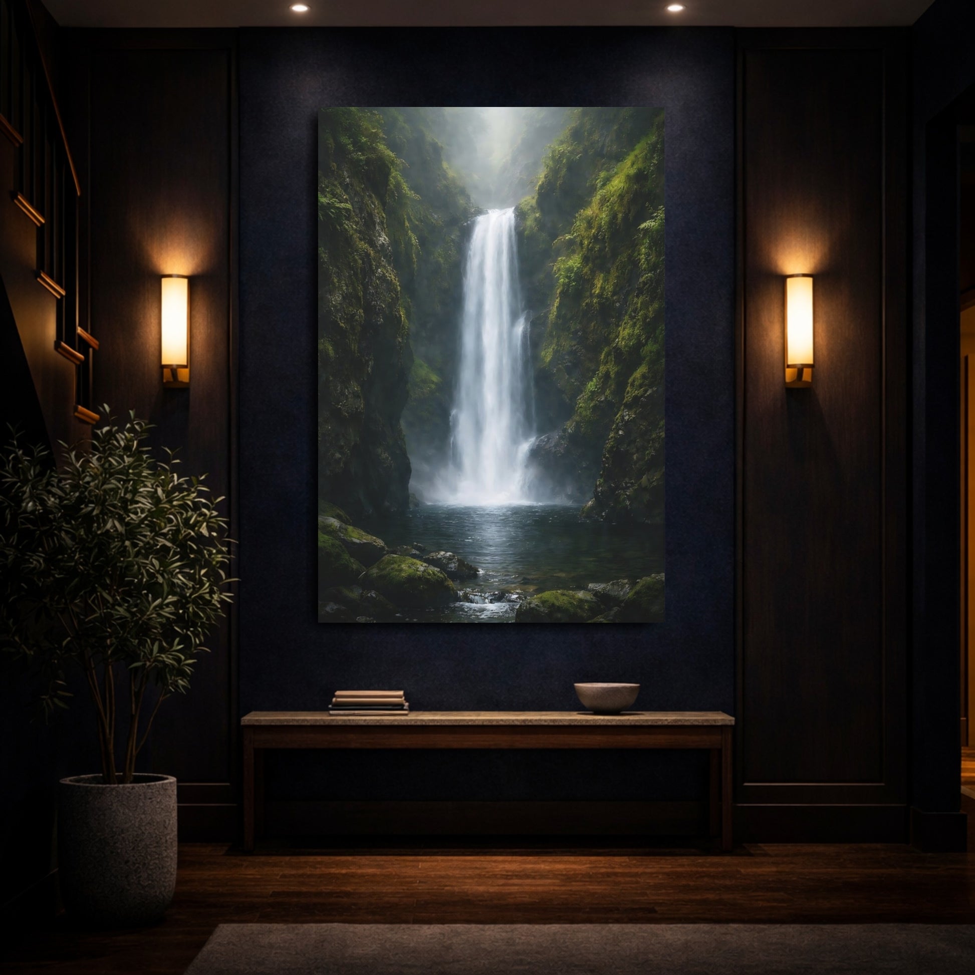 Mockup 3. Nature Waterfall Misty Waterfall shown as stretched canvas wall art