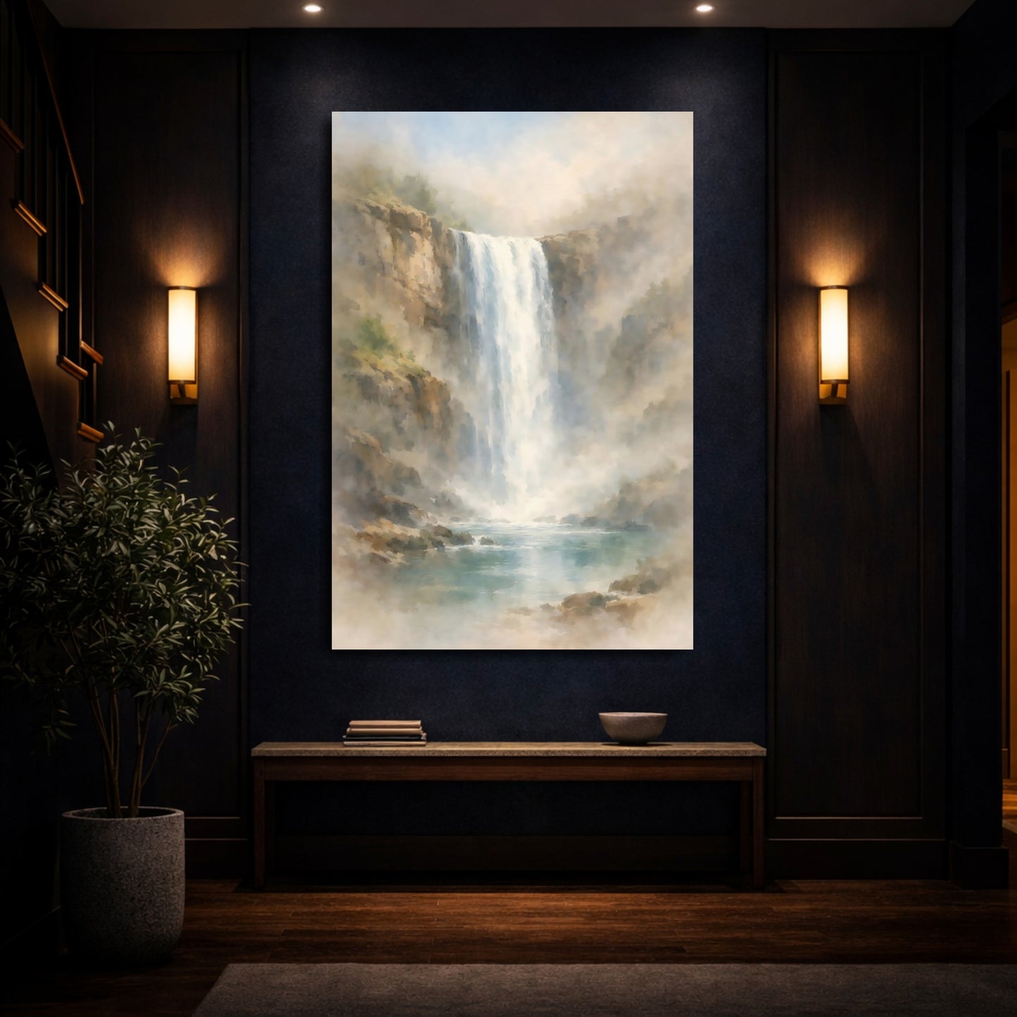 Mockup 3. Nature Waterfall Misty Waterfall shown as stretched canvas wall art