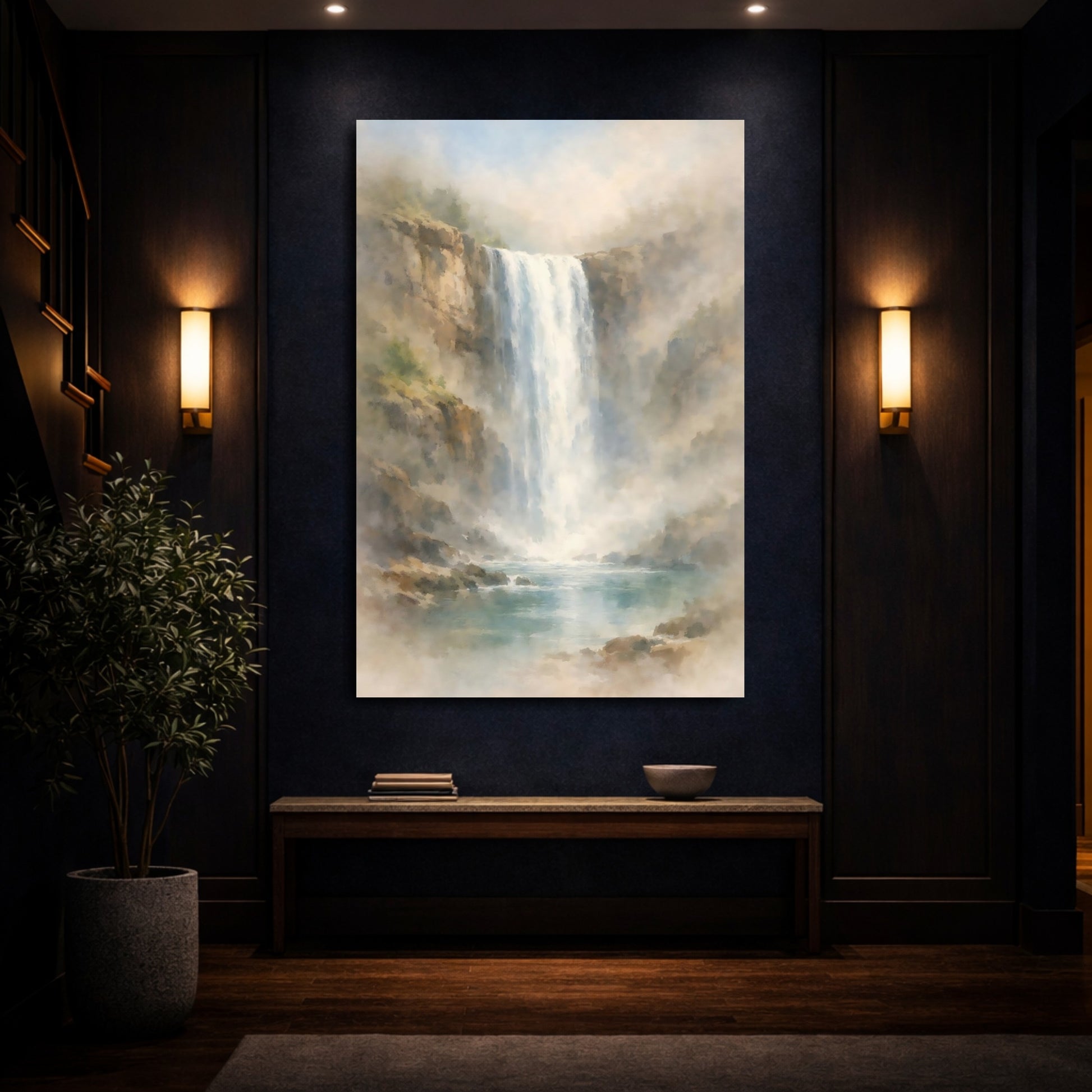 Mockup 3. Nature Waterfall Misty Waterfall shown as stretched canvas wall art
