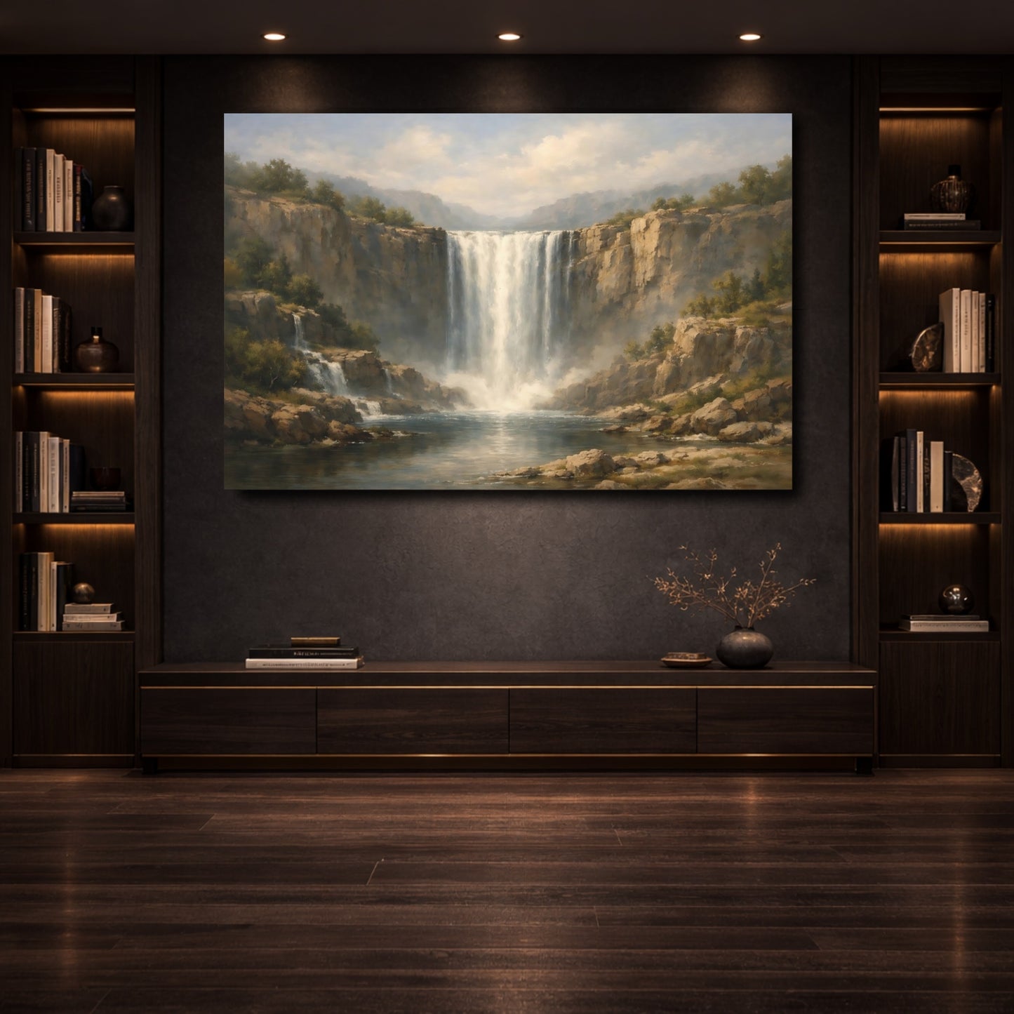 Mockup 3. Nature Waterfall Misty Waterfall shown as stretched canvas wall art