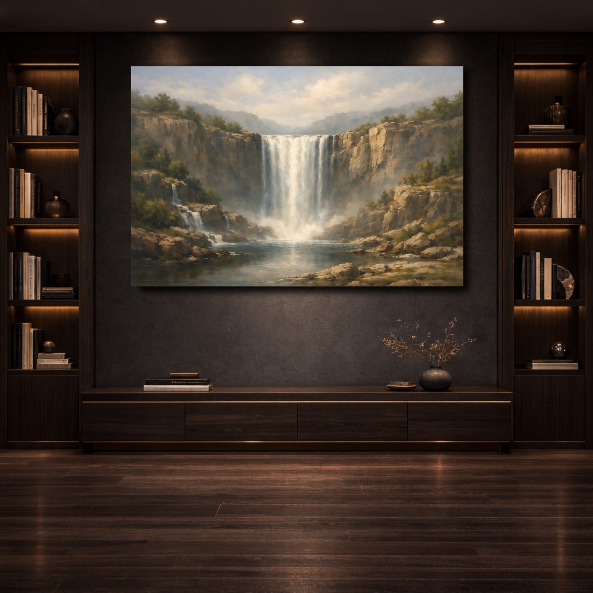 Mockup 3. Nature Waterfall Misty Waterfall shown as stretched canvas wall art