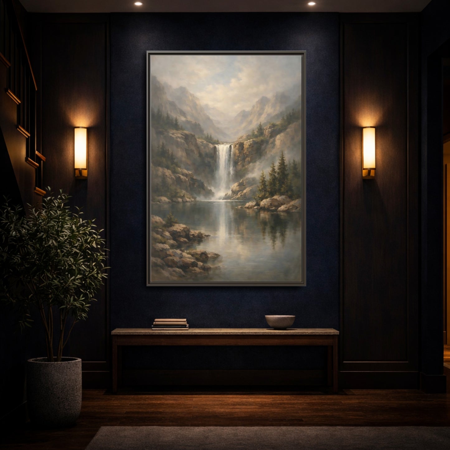 Mockup 3. Nature Waterfall Misty Waterfall shown as stretched canvas wall art