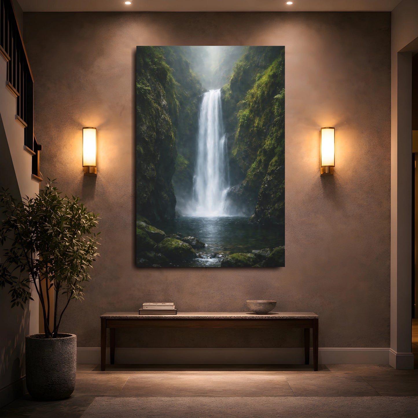 Mockup 4. Nature Waterfall Misty Waterfall shown as stretched canvas wall art