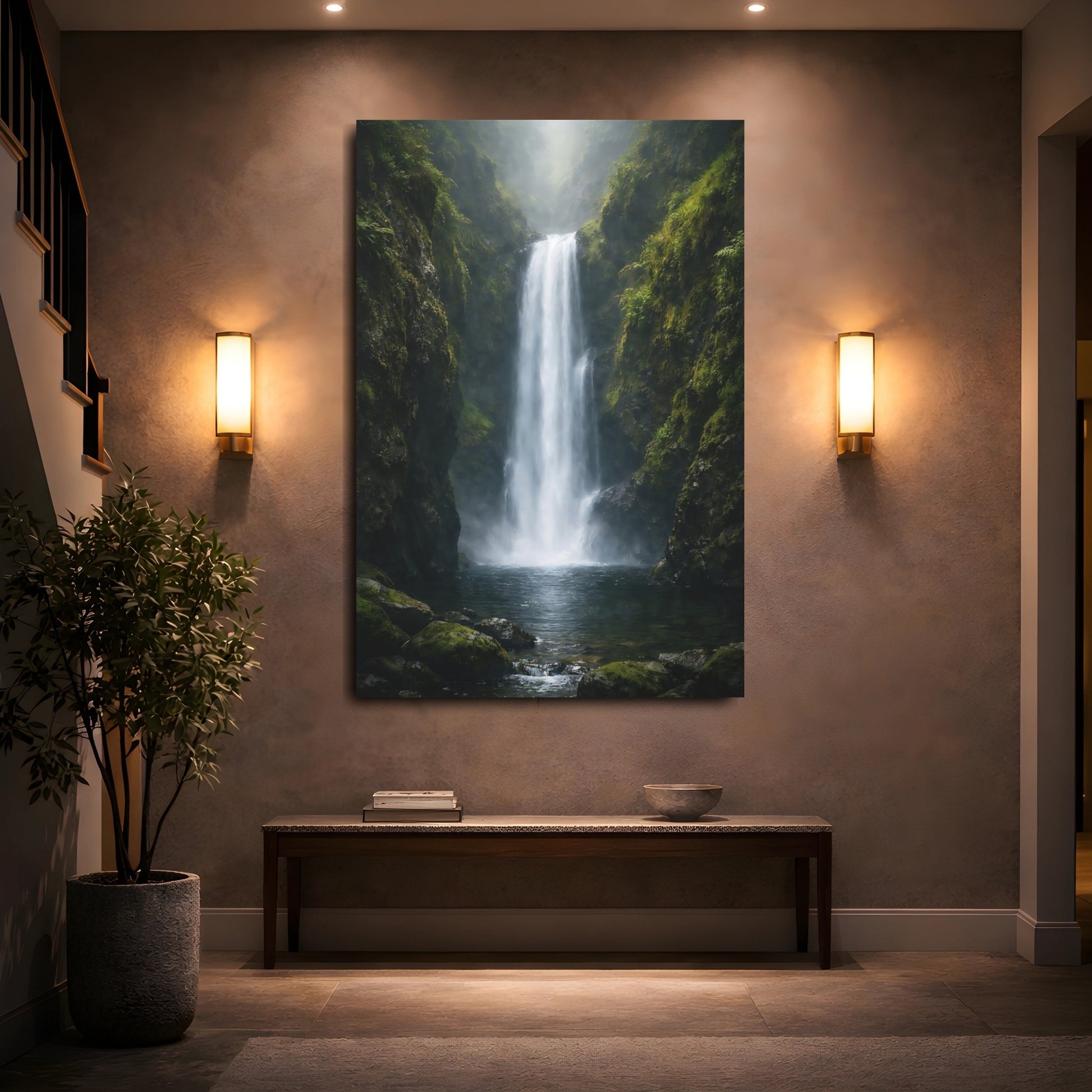 Mockup 4. Nature Waterfall Misty Waterfall shown as stretched canvas wall art