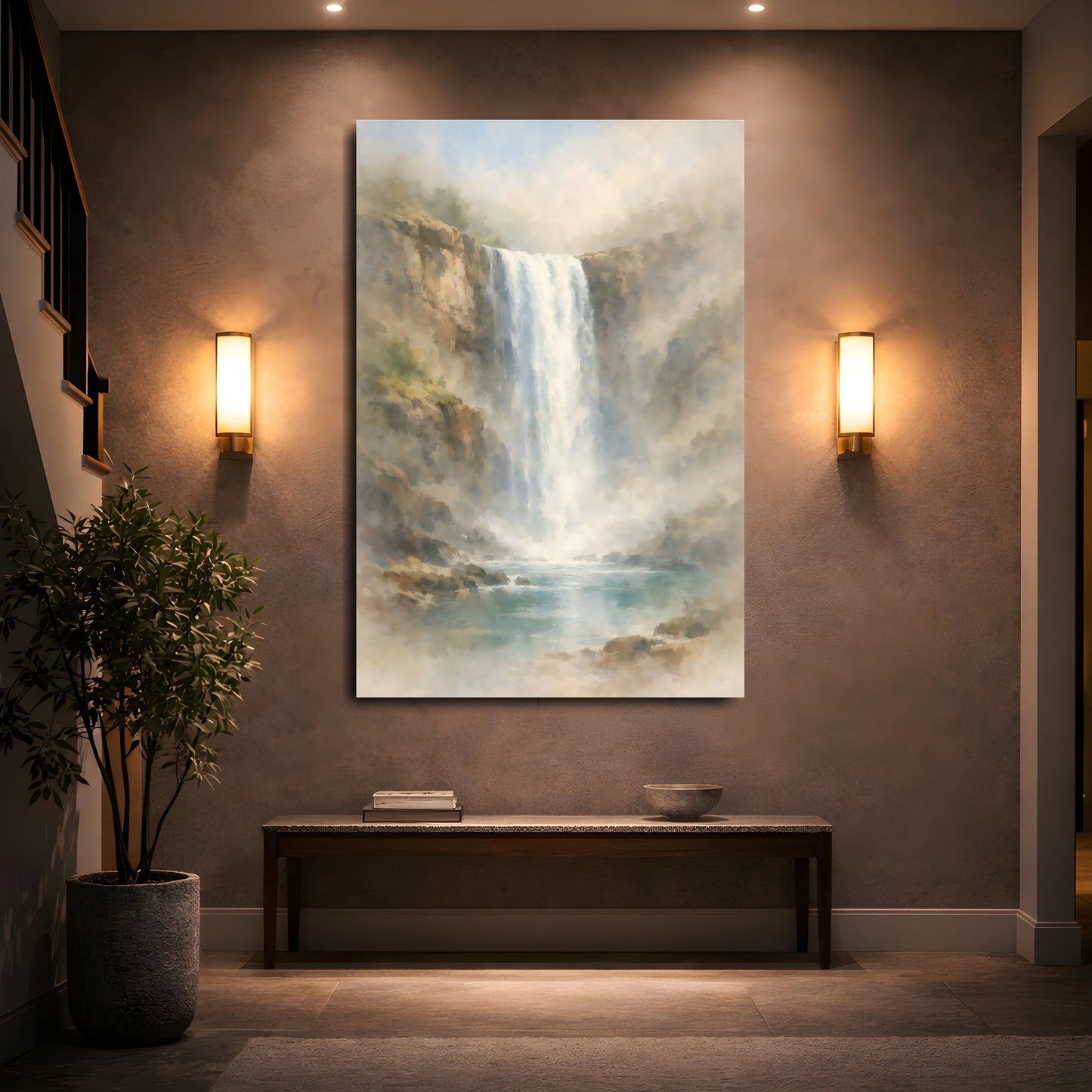 Mockup 4. Nature Waterfall Misty Waterfall shown as stretched canvas wall art