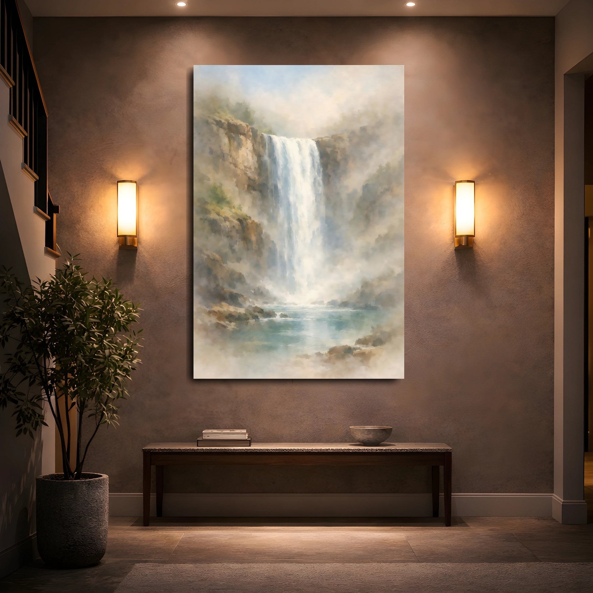 Mockup 4. Nature Waterfall Misty Waterfall shown as stretched canvas wall art