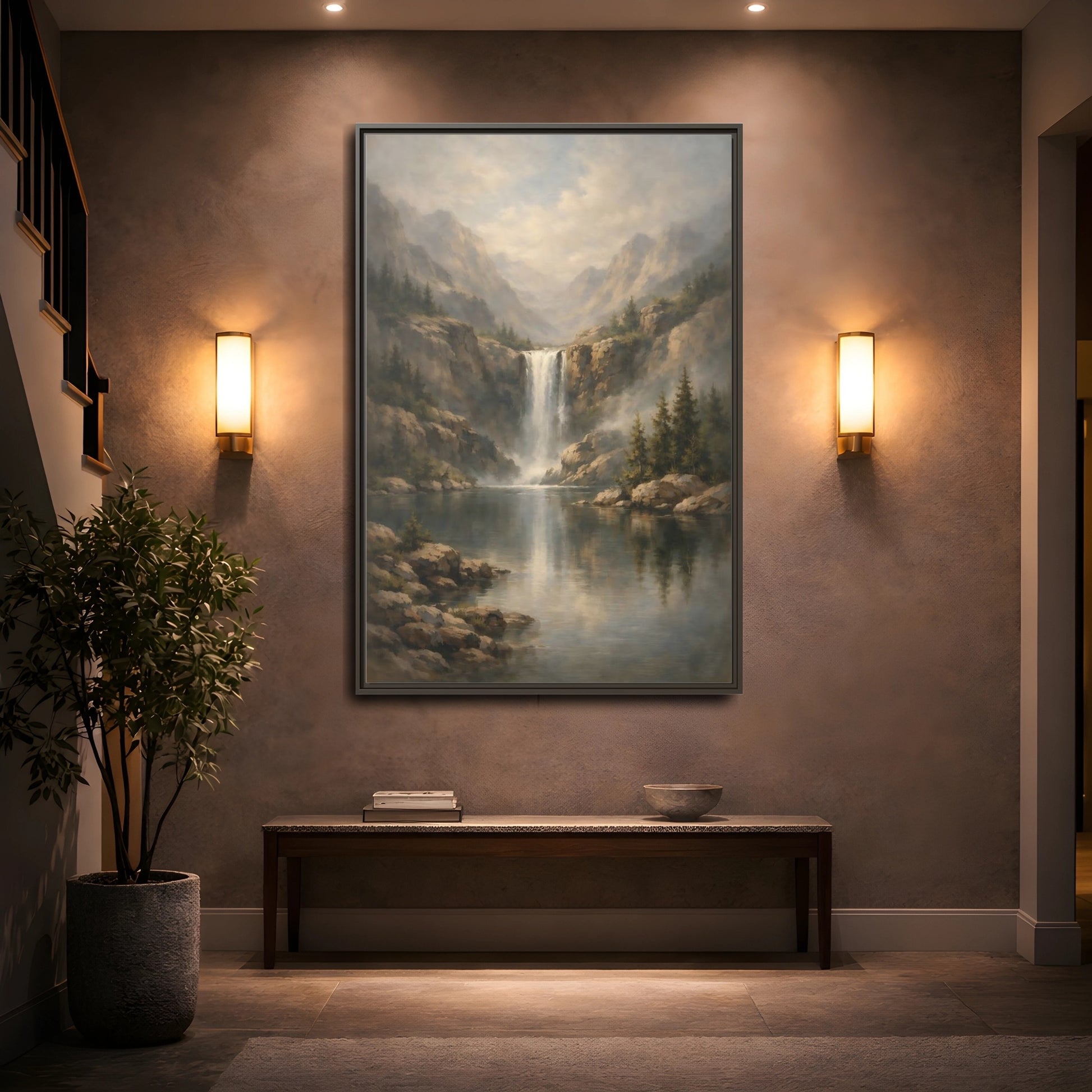 Mockup 4. Nature Waterfall Misty Waterfall shown as stretched canvas wall art