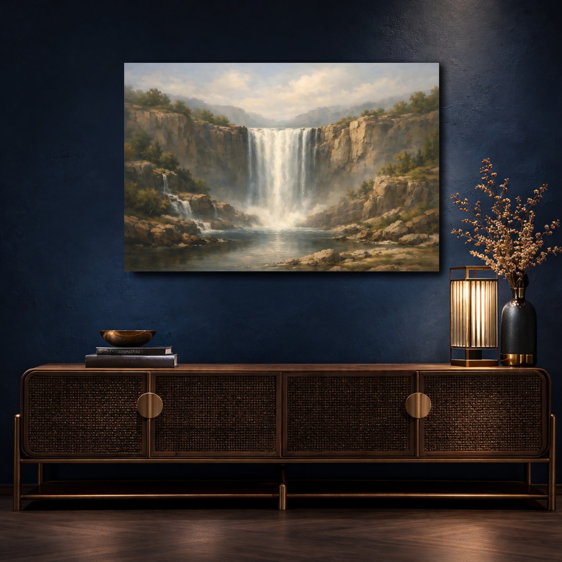Mockup 4. Nature Waterfall Misty Waterfall shown as stretched canvas wall art