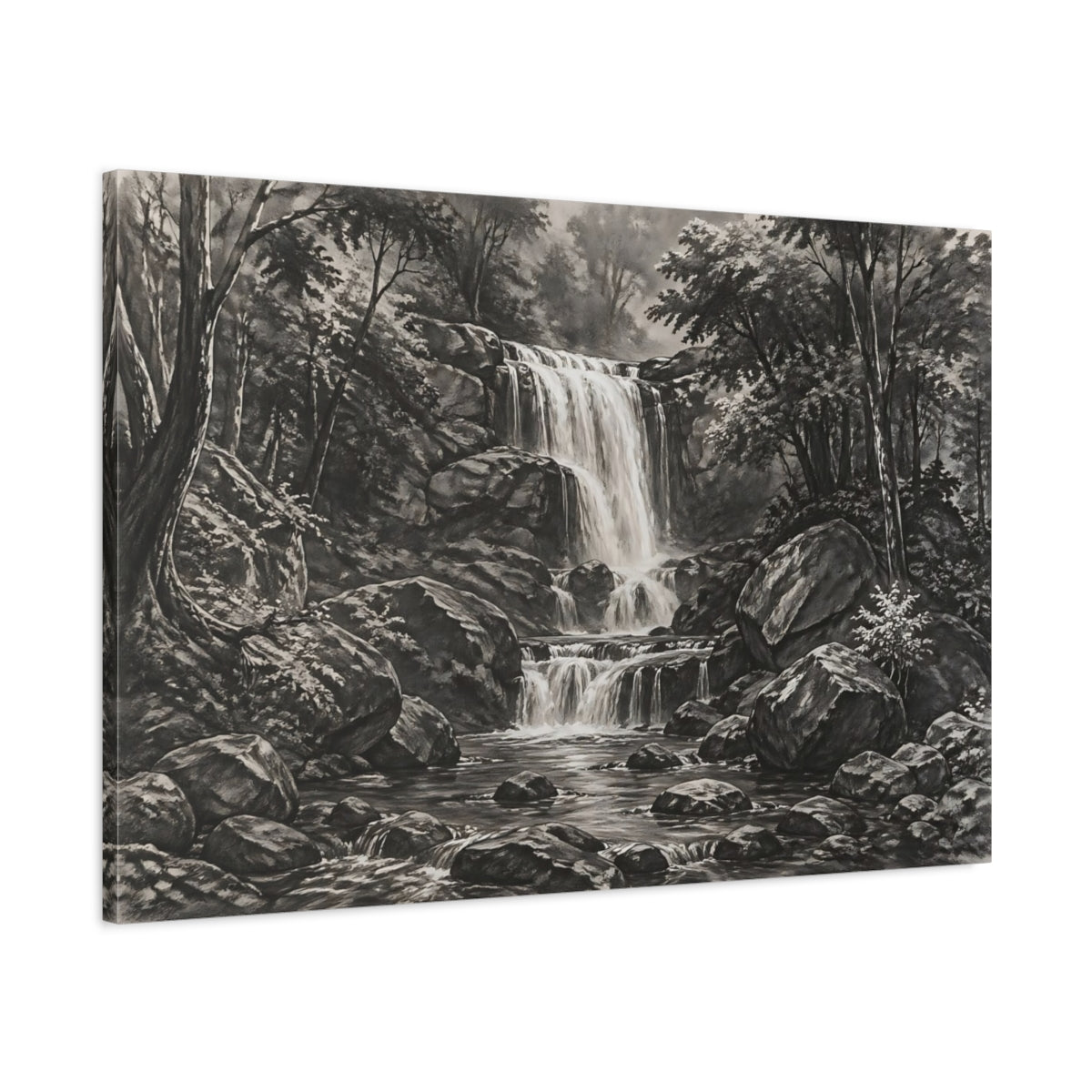 Main Mockup. Nature Waterfall Monochrome Landscape shown as stretched canvas wall art