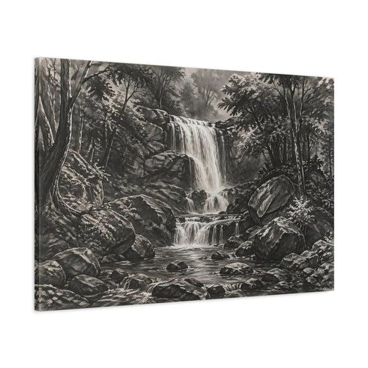 Main Mockup. Nature Waterfall Monochrome Landscape shown as stretched canvas wall art