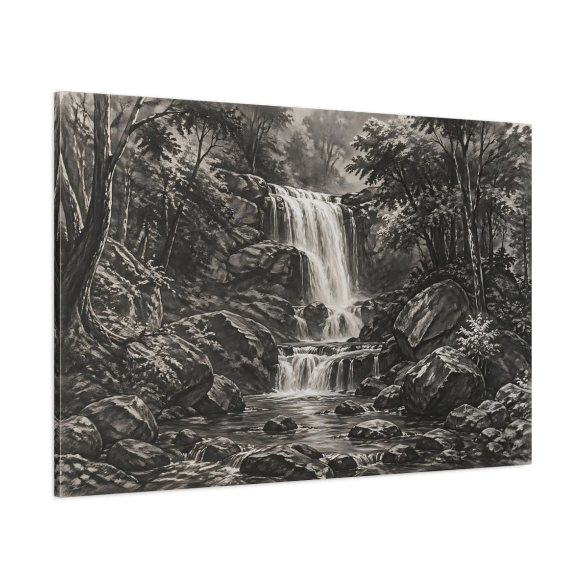 Side Mockup 1. Nature Waterfall Monochrome Landscape shown as stretched canvas wall art