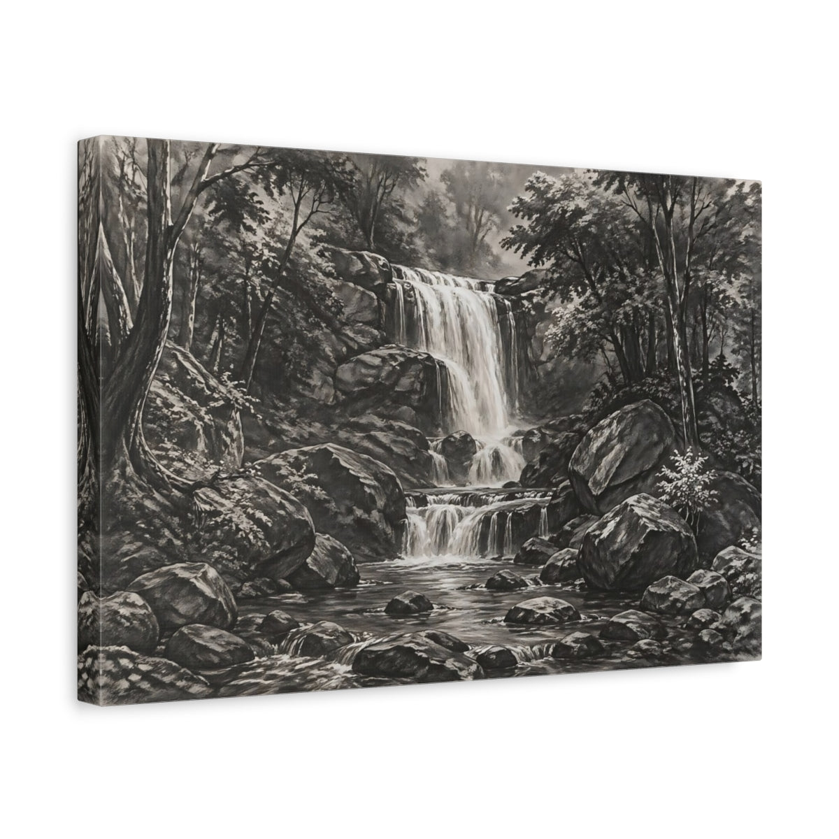 Side Mockup 4. Nature Waterfall Monochrome Landscape shown as stretched canvas wall art
