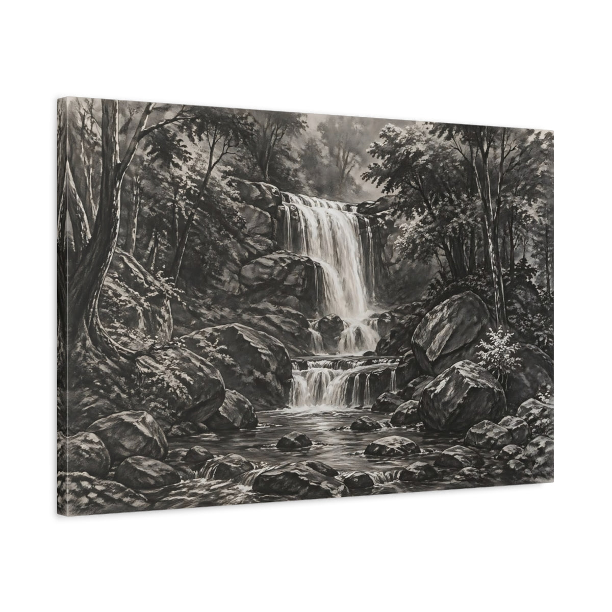 Side Mockup 2. Nature Waterfall Monochrome Landscape shown as stretched canvas wall art